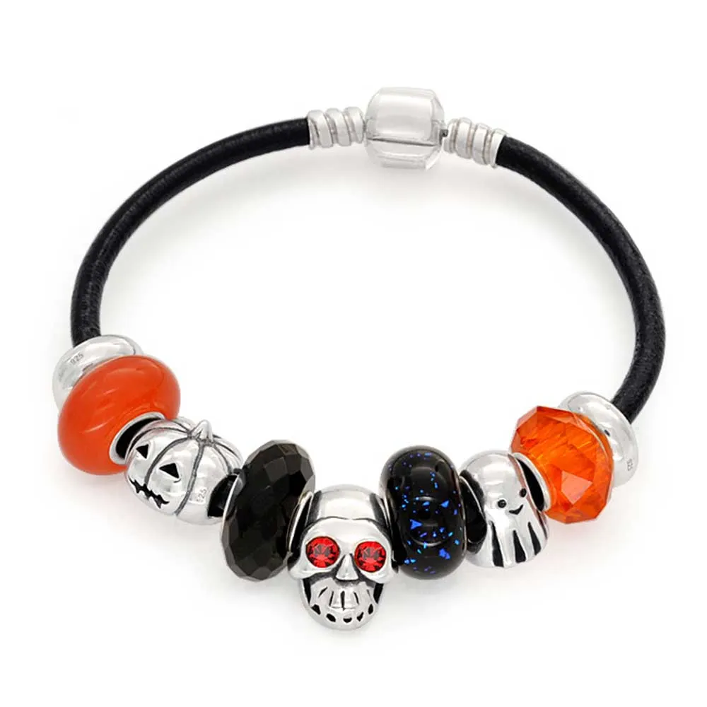 Halloween Skull Ghost Pumpkin Charm Leather Bracelet Sterling Silver