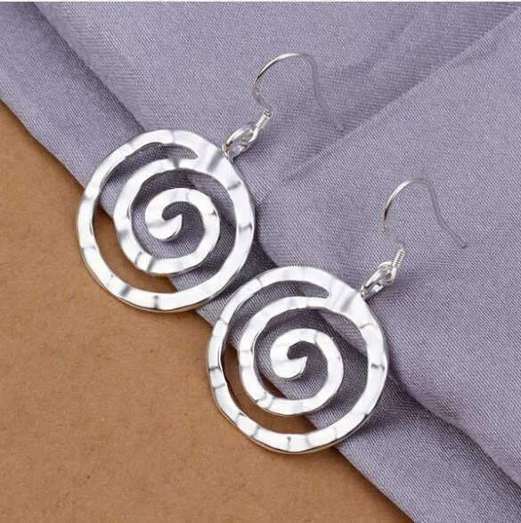 Hammered Spiral Silver Hook Earrings For Woman