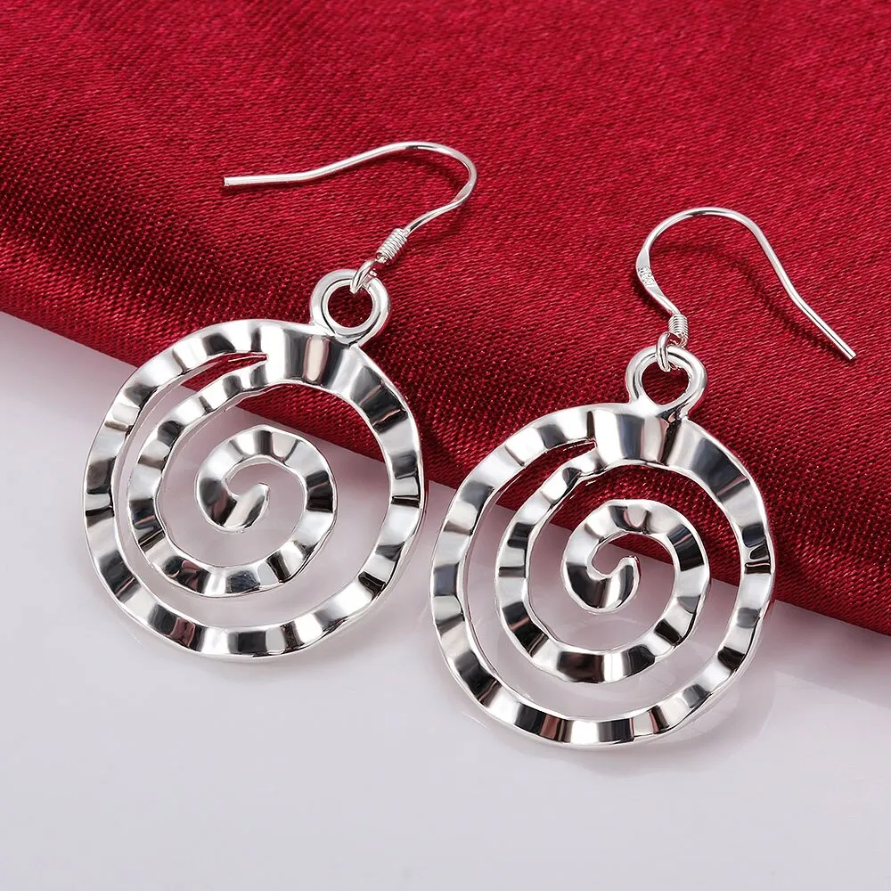 Hammered Spiral Silver Hook Earrings For Woman