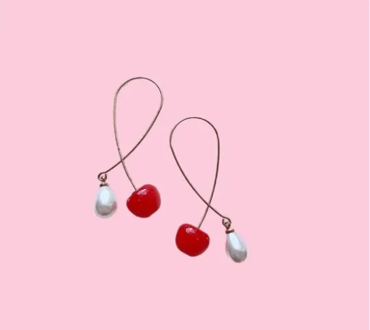 Kawaii - 3D red cherry dangle earrings | fruits dangle earrings with pearl | oversize statement earrings | cute kawaii earrings| burgundy red cherry