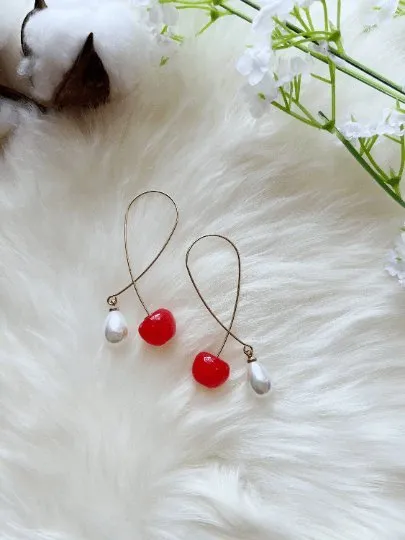 Kawaii - 3D red cherry dangle earrings | fruits dangle earrings with pearl | oversize statement earrings | cute kawaii earrings| burgundy red cherry