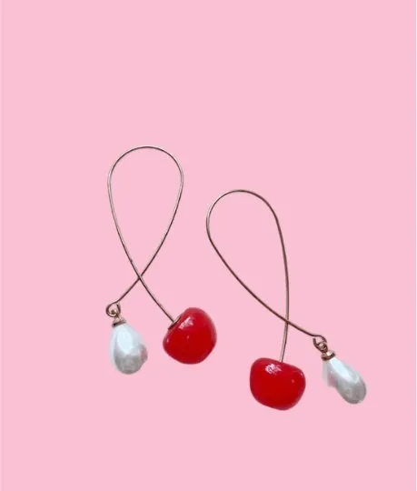 Kawaii - 3D red cherry dangle earrings | fruits dangle earrings with pearl | oversize statement earrings | cute kawaii earrings| burgundy red cherry