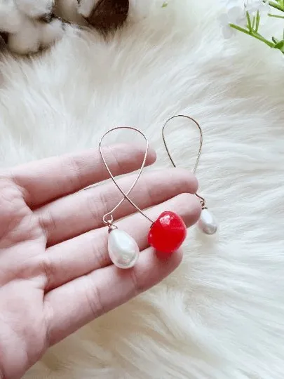 Kawaii - 3D red cherry dangle earrings | fruits dangle earrings with pearl | oversize statement earrings | cute kawaii earrings| burgundy red cherry