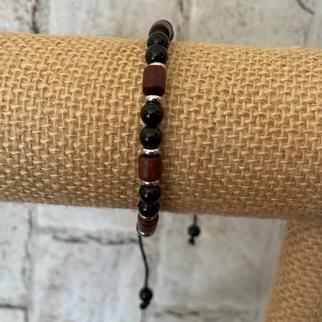 Mens Black Onyx and Rosewood Beaded Adjustable Bracelet