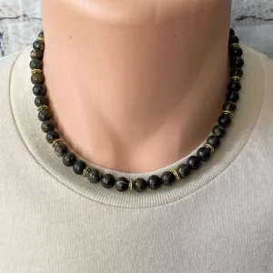 Mens Rhyolite and Gold Beaded Necklace