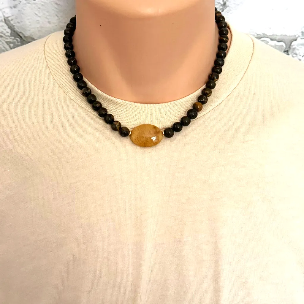 Mens Rhyolite and Quartzite Stone Beaded Necklace