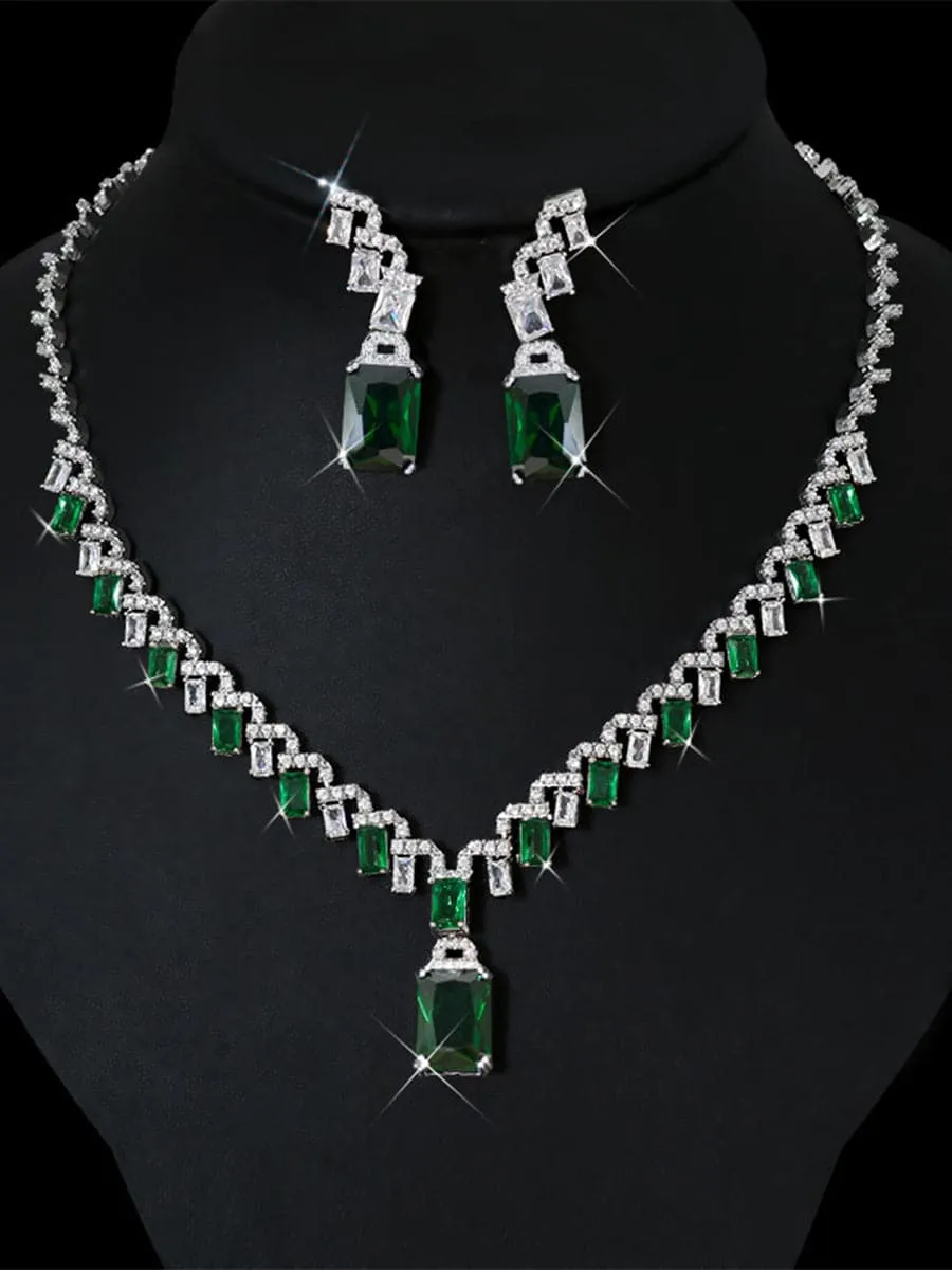 Missord Emerald Cut Zircon Necklace & Drop Earrings Set MRL1011