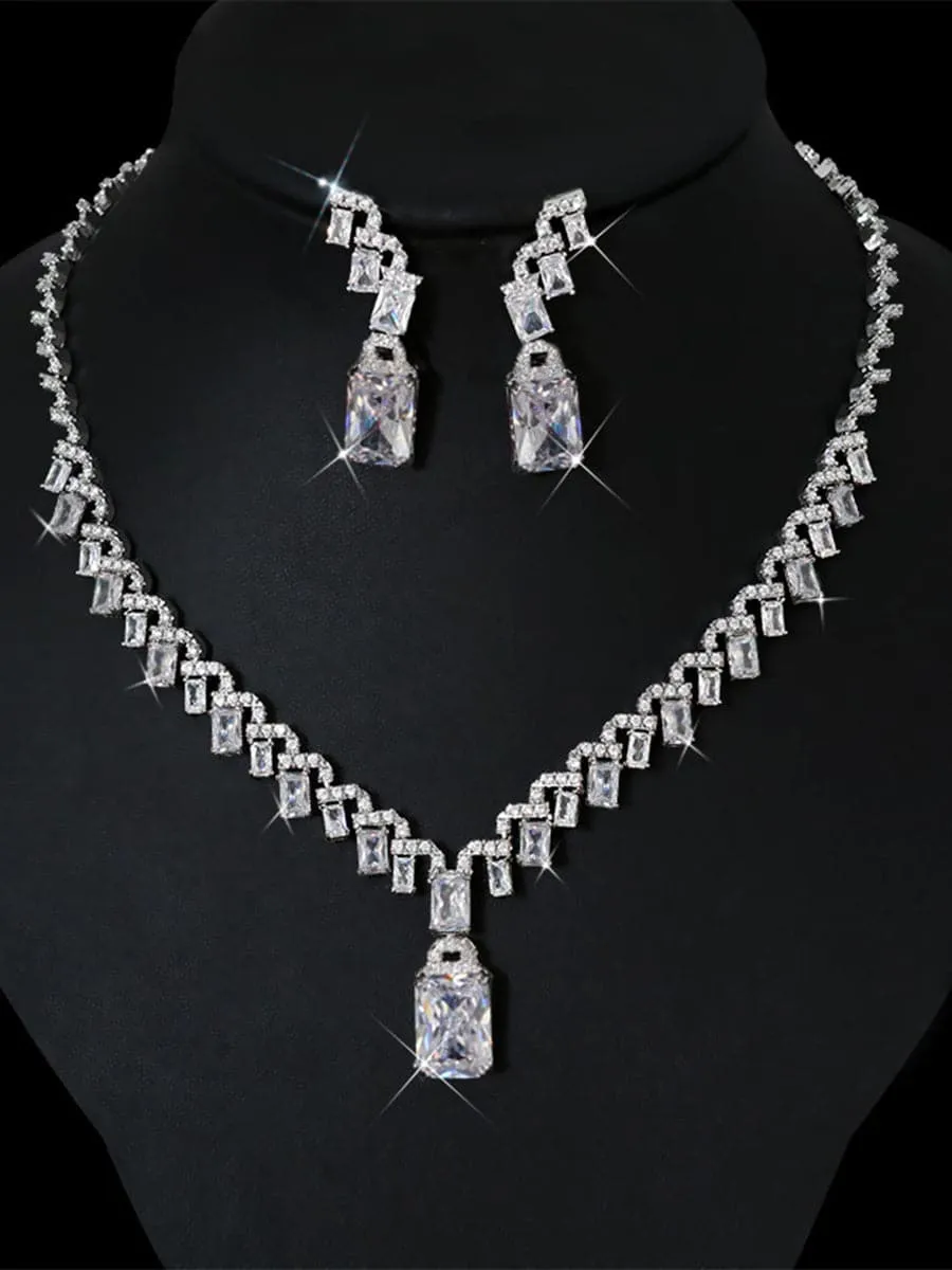 Missord Emerald Cut Zircon Necklace & Drop Earrings Set MRL1011