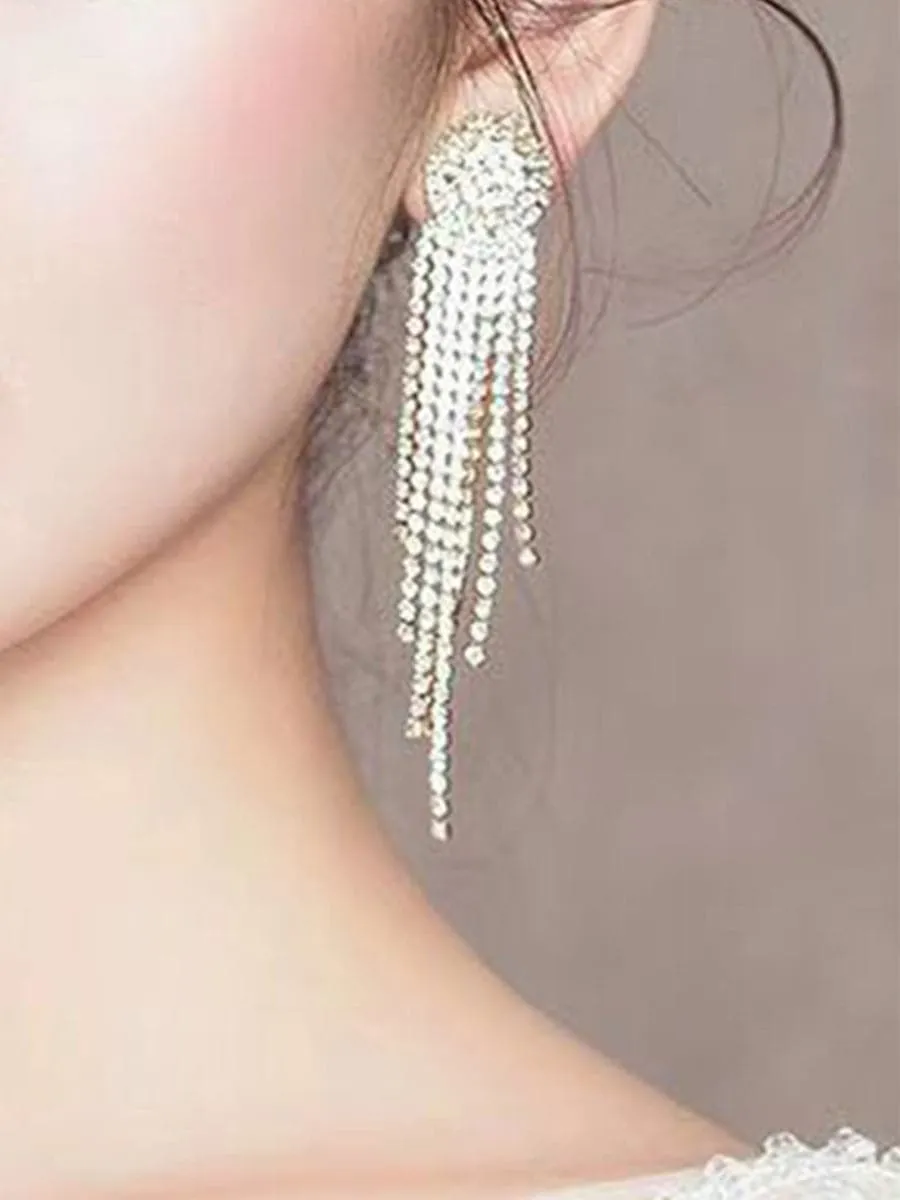 Missord Metal Inlay Rhinestone Tassel Earrings MSE101074