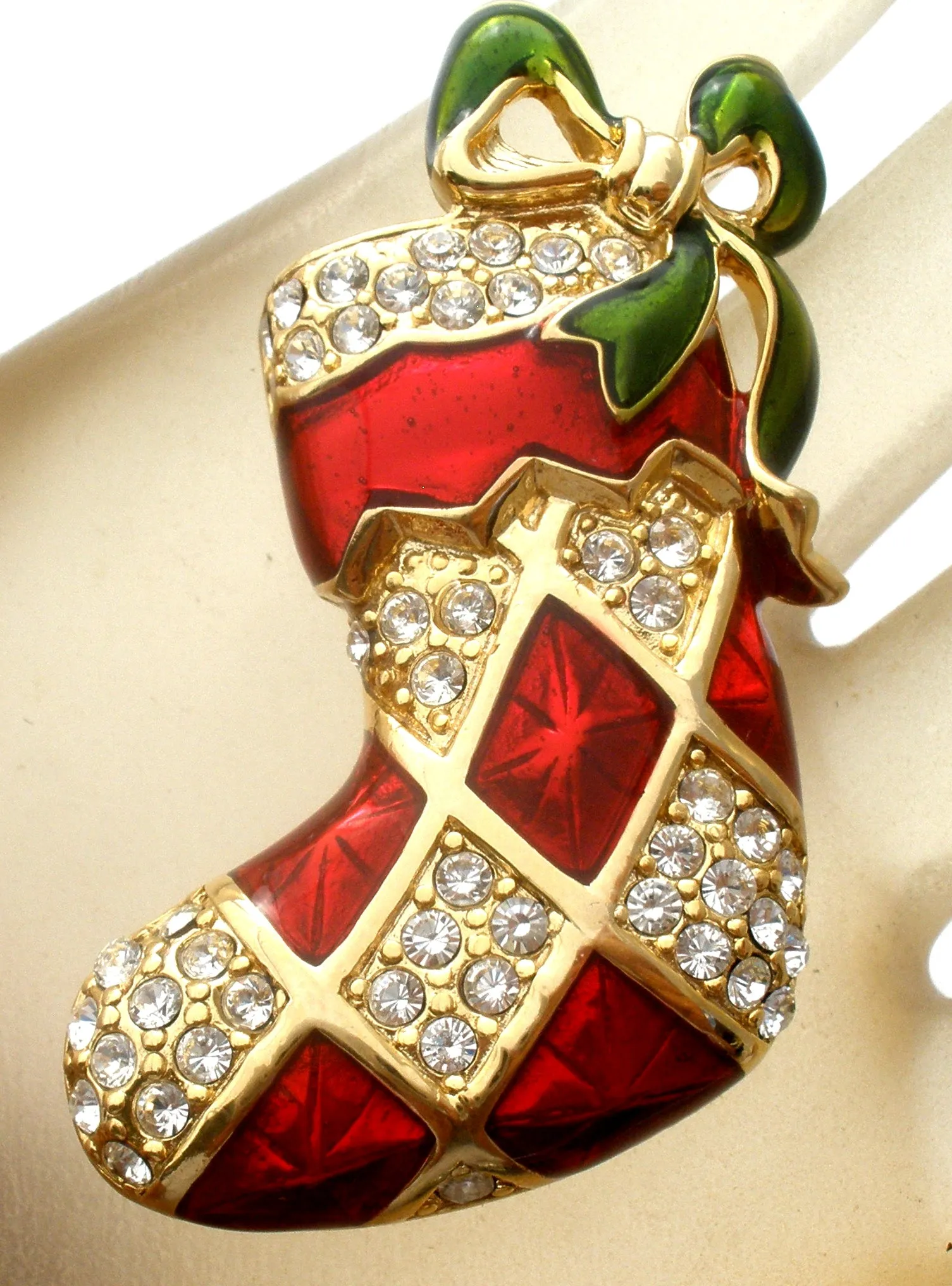 Monet Red Enamel Stocking Brooch Pin Christmas