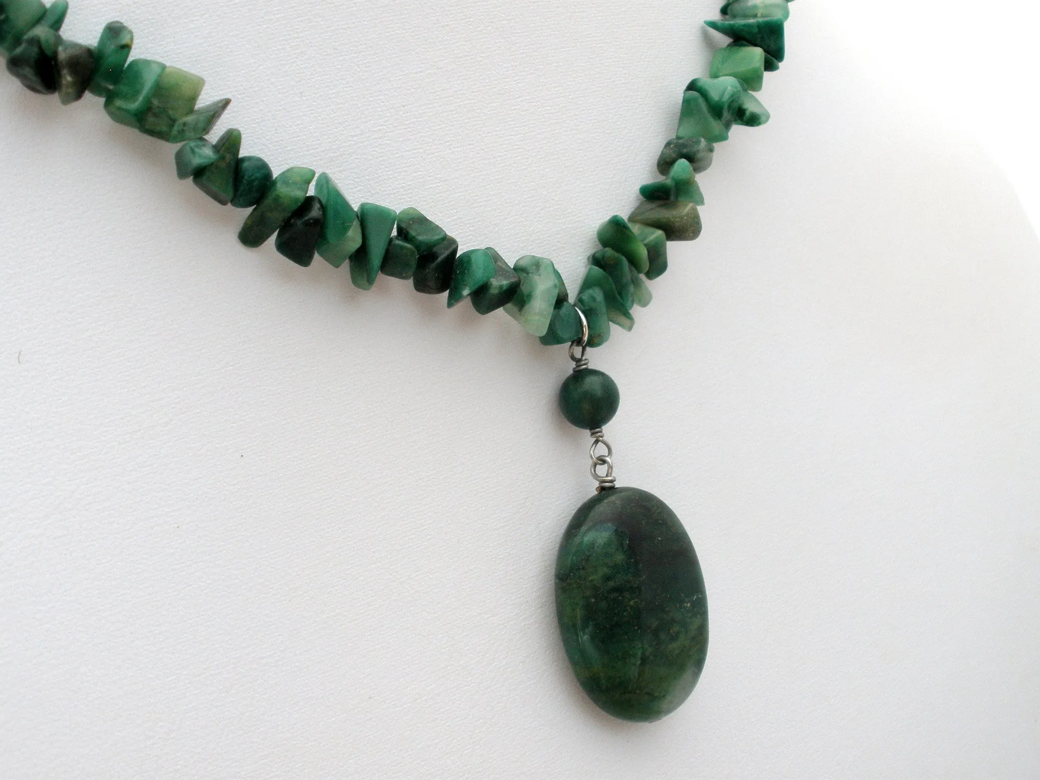 Moss Agate Nugget Bead Necklace Vintage 925