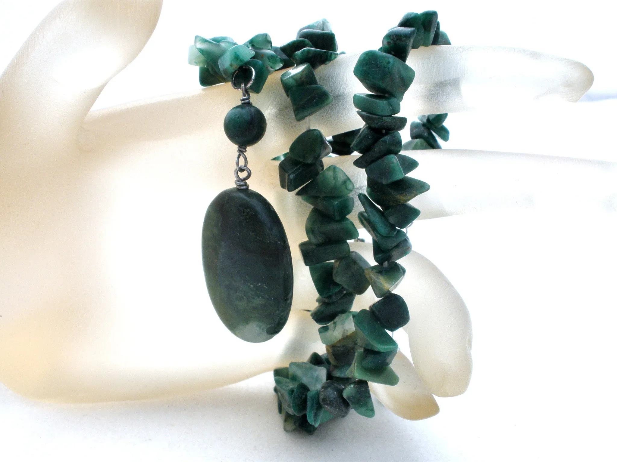 Moss Agate Nugget Bead Necklace Vintage 925