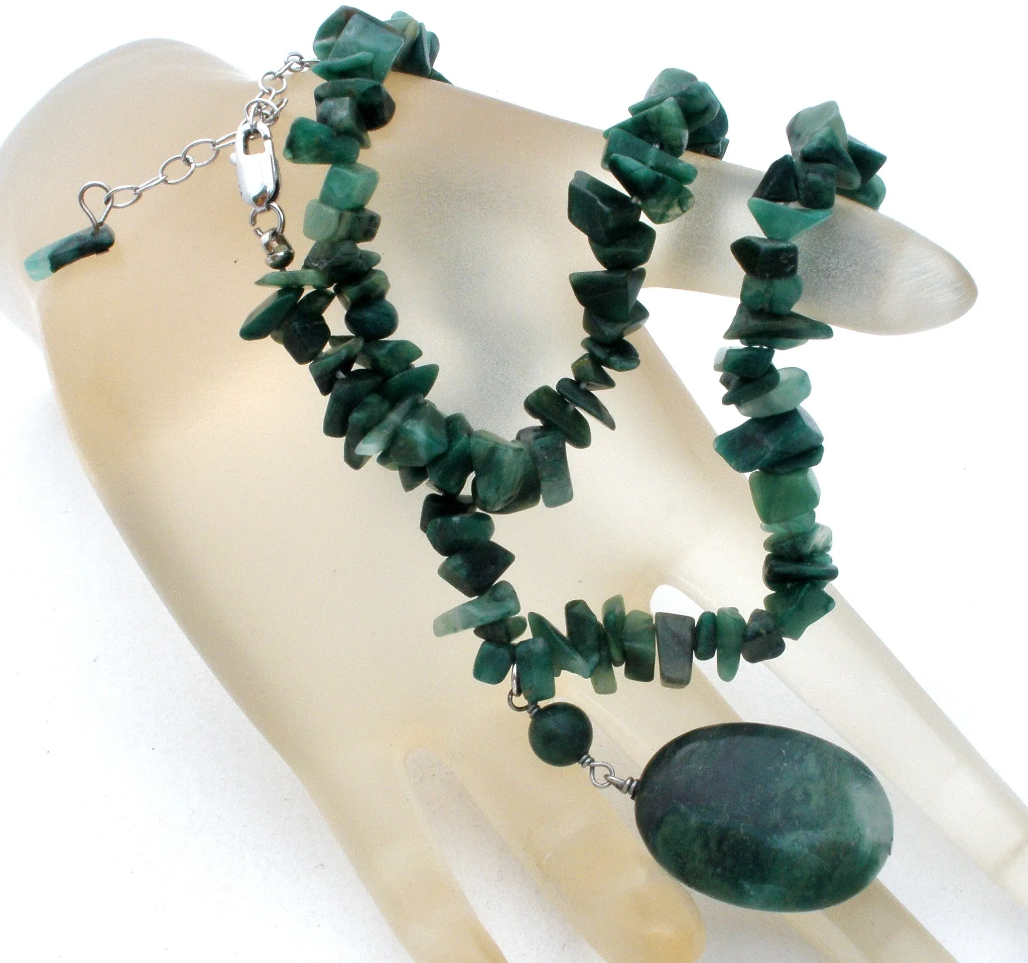 Moss Agate Nugget Bead Necklace Vintage 925