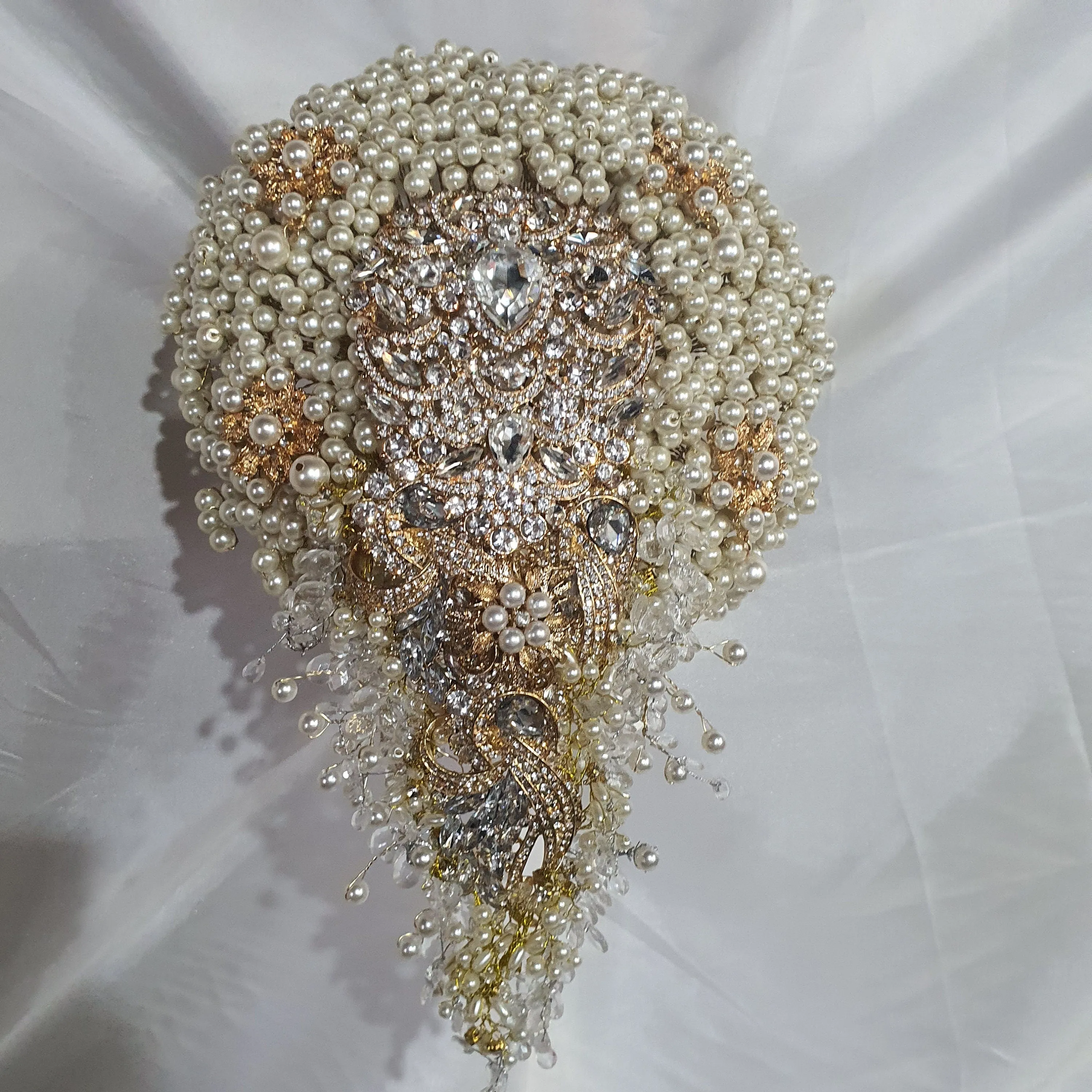 Pearl cascade teardrop  brooch  bouquet Jeweled  art deco gatsby vintage style. by Crystal wedding uk