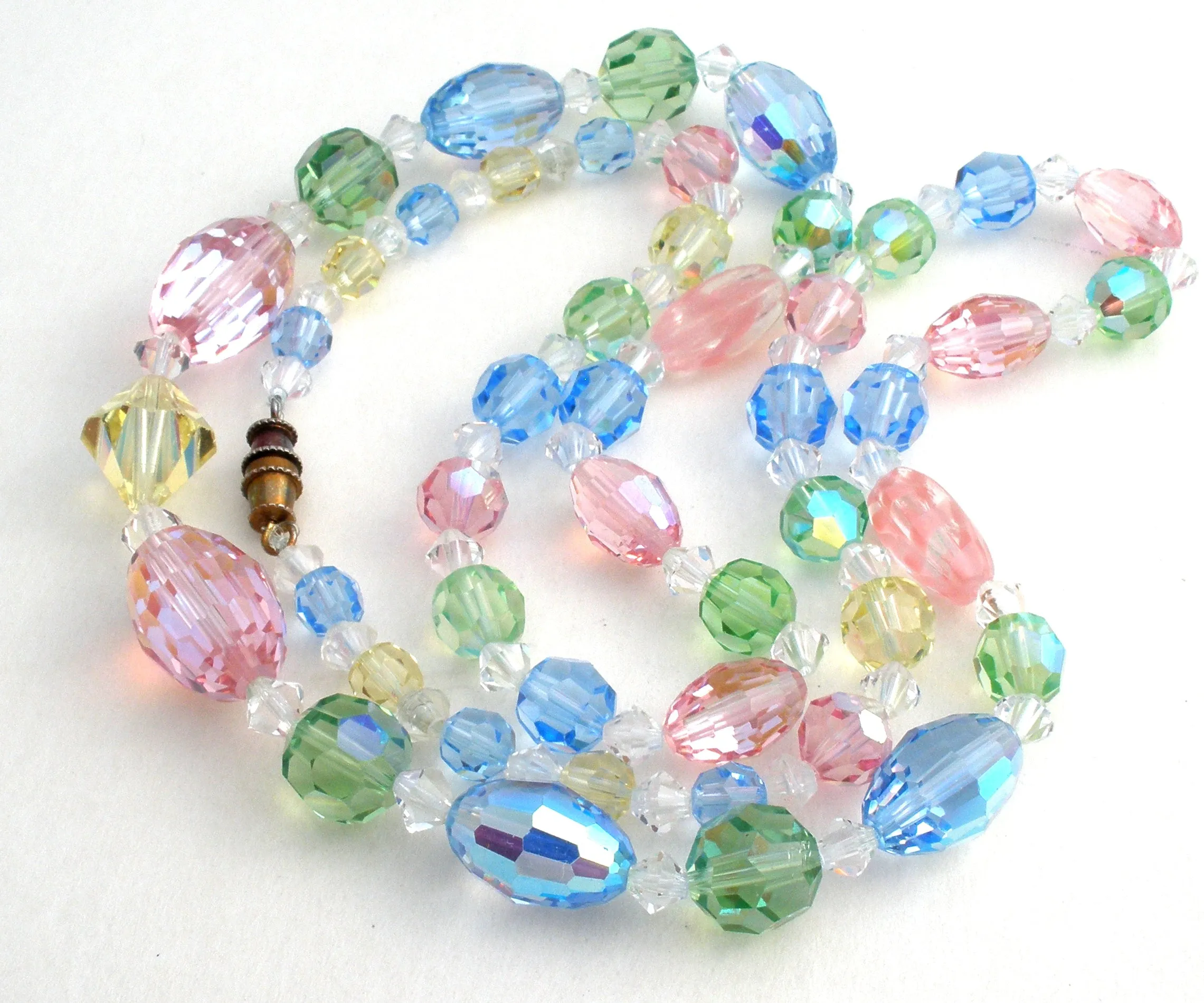 Pink Green & Blue Crystal Bead Necklace 26" Vintage