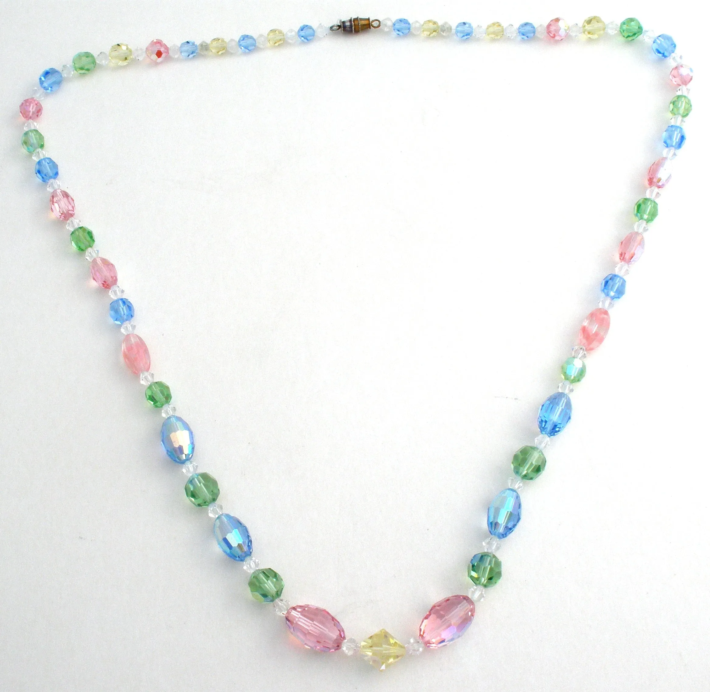 Pink Green & Blue Crystal Bead Necklace 26" Vintage