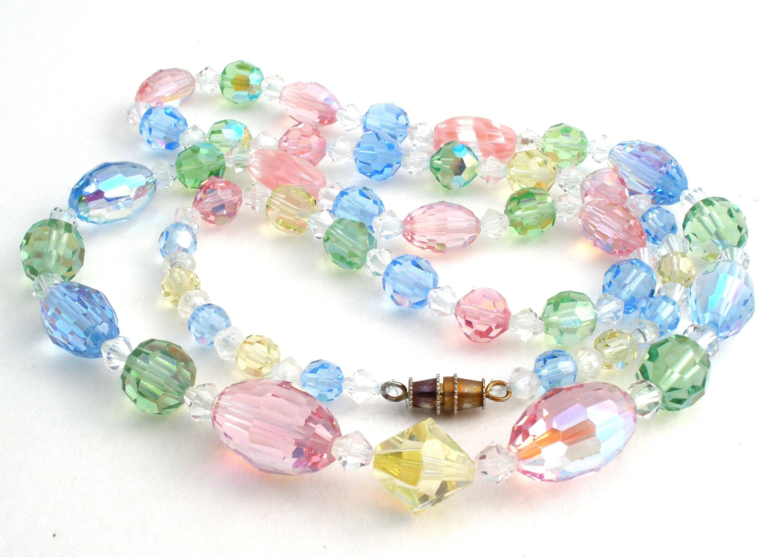 Pink Green & Blue Crystal Bead Necklace 26" Vintage