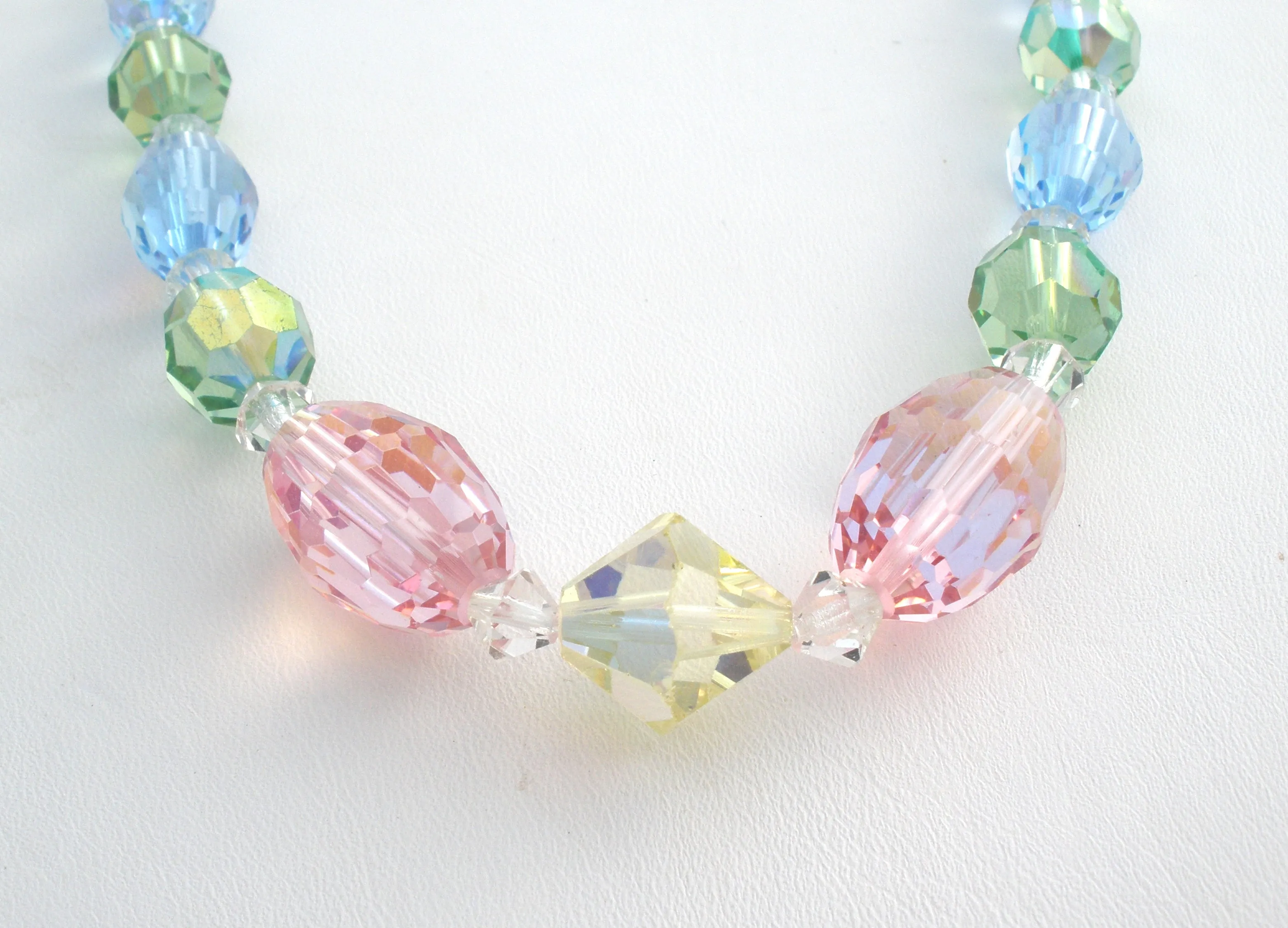 Pink Green & Blue Crystal Bead Necklace 26" Vintage