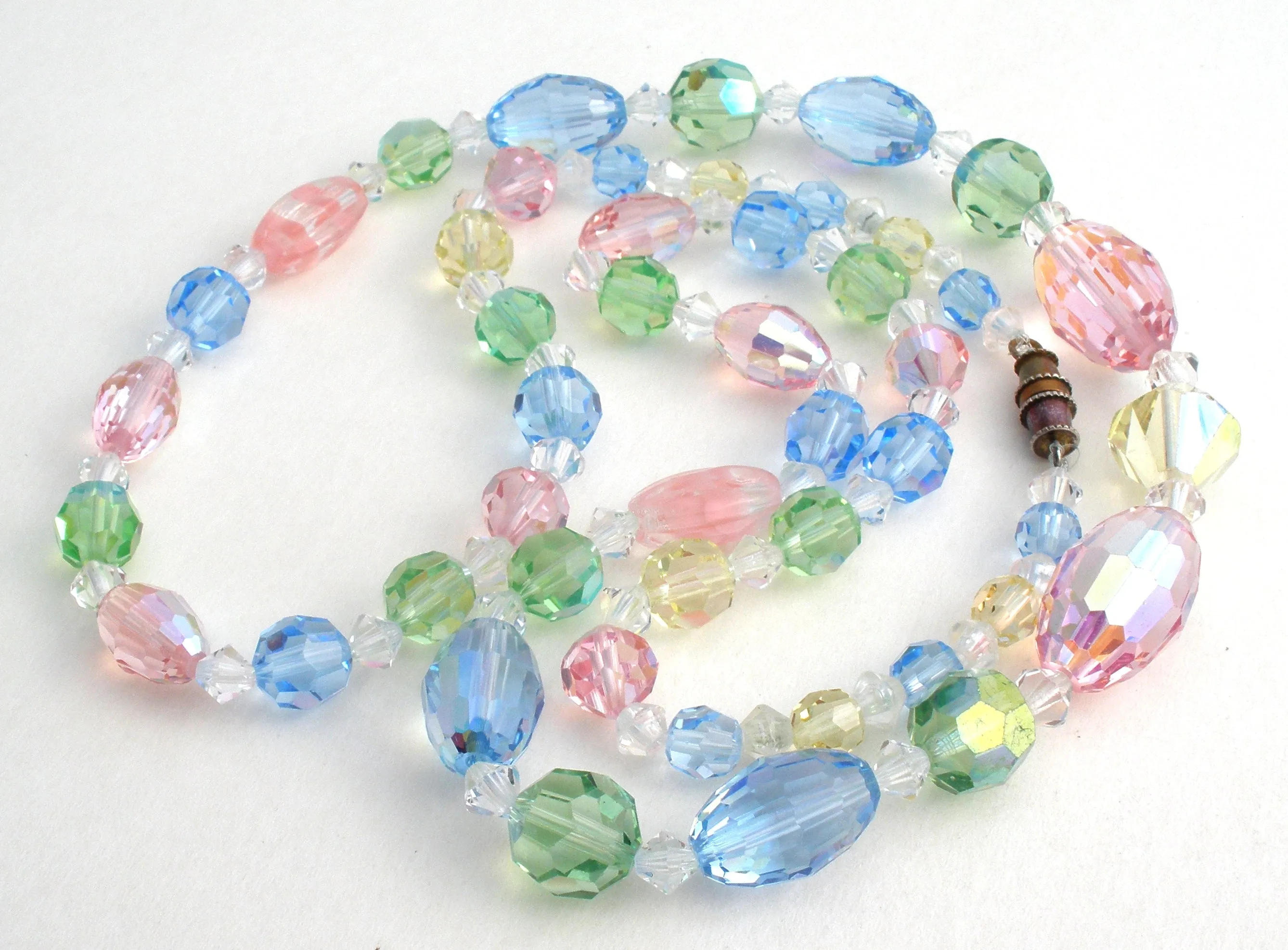 Pink Green & Blue Crystal Bead Necklace 26" Vintage