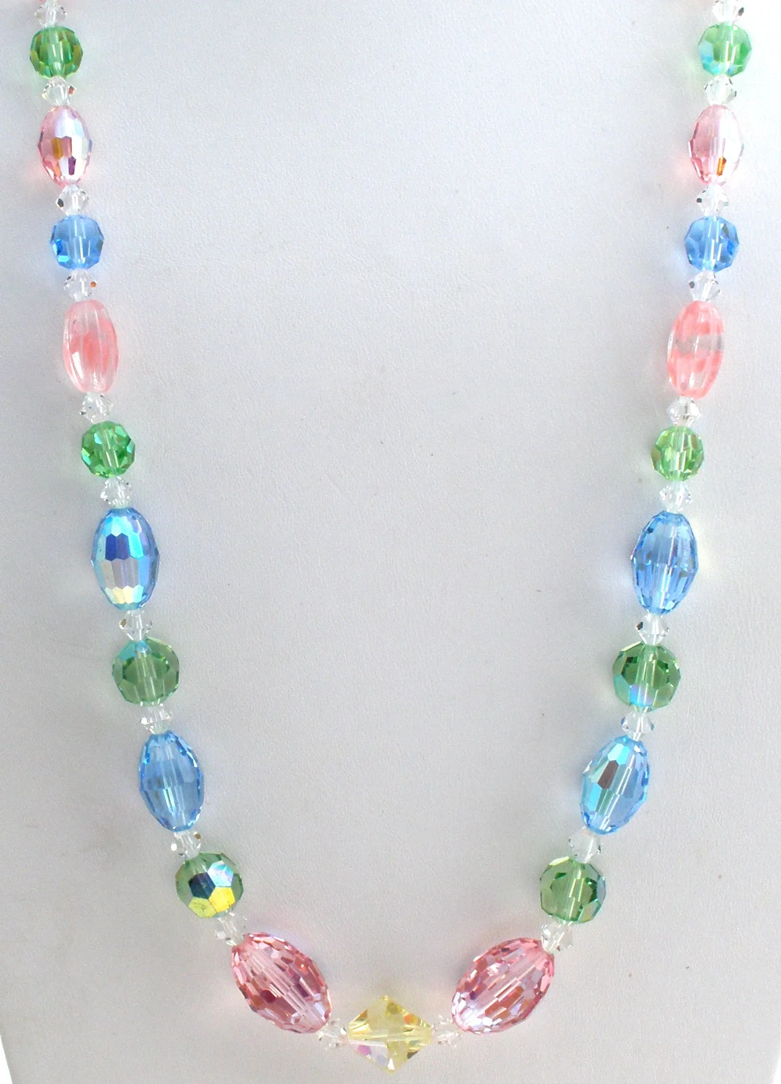 Pink Green & Blue Crystal Bead Necklace 26" Vintage