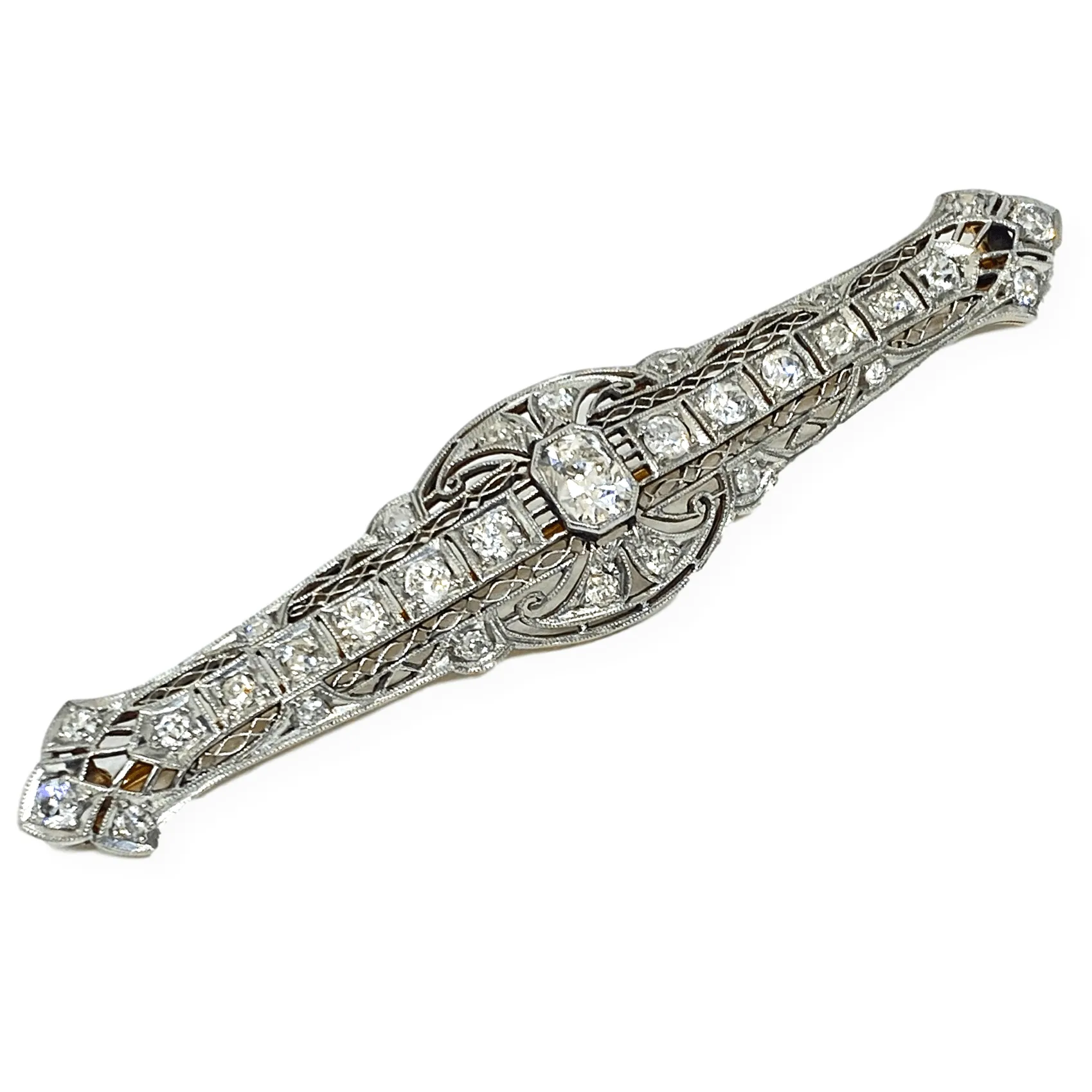 Plat 14KY 2.57CTW Antique Long Diamond Brooch