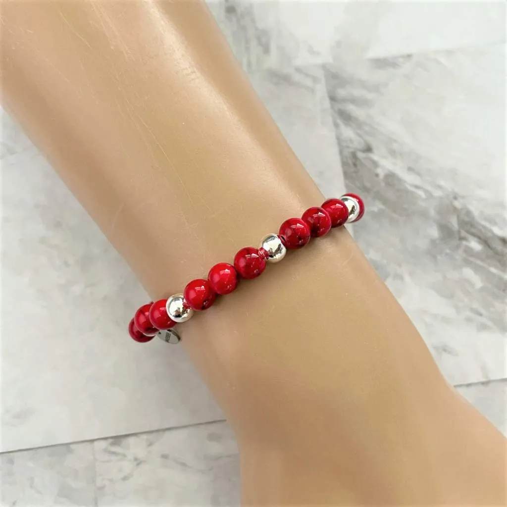 Red Mosaic and Silver Beaded Bracelet