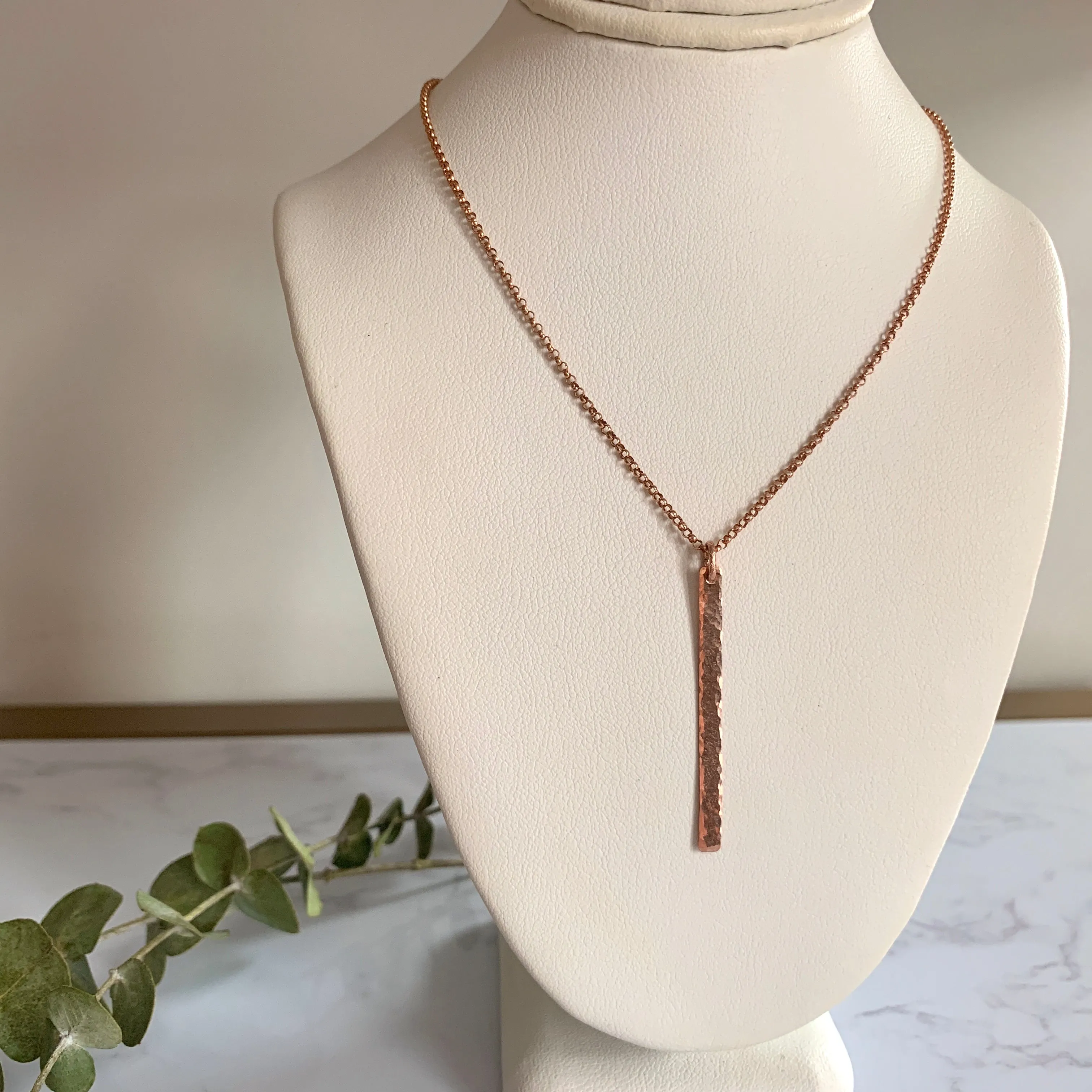 Rose Gold Hammered Bar Pendant - Long