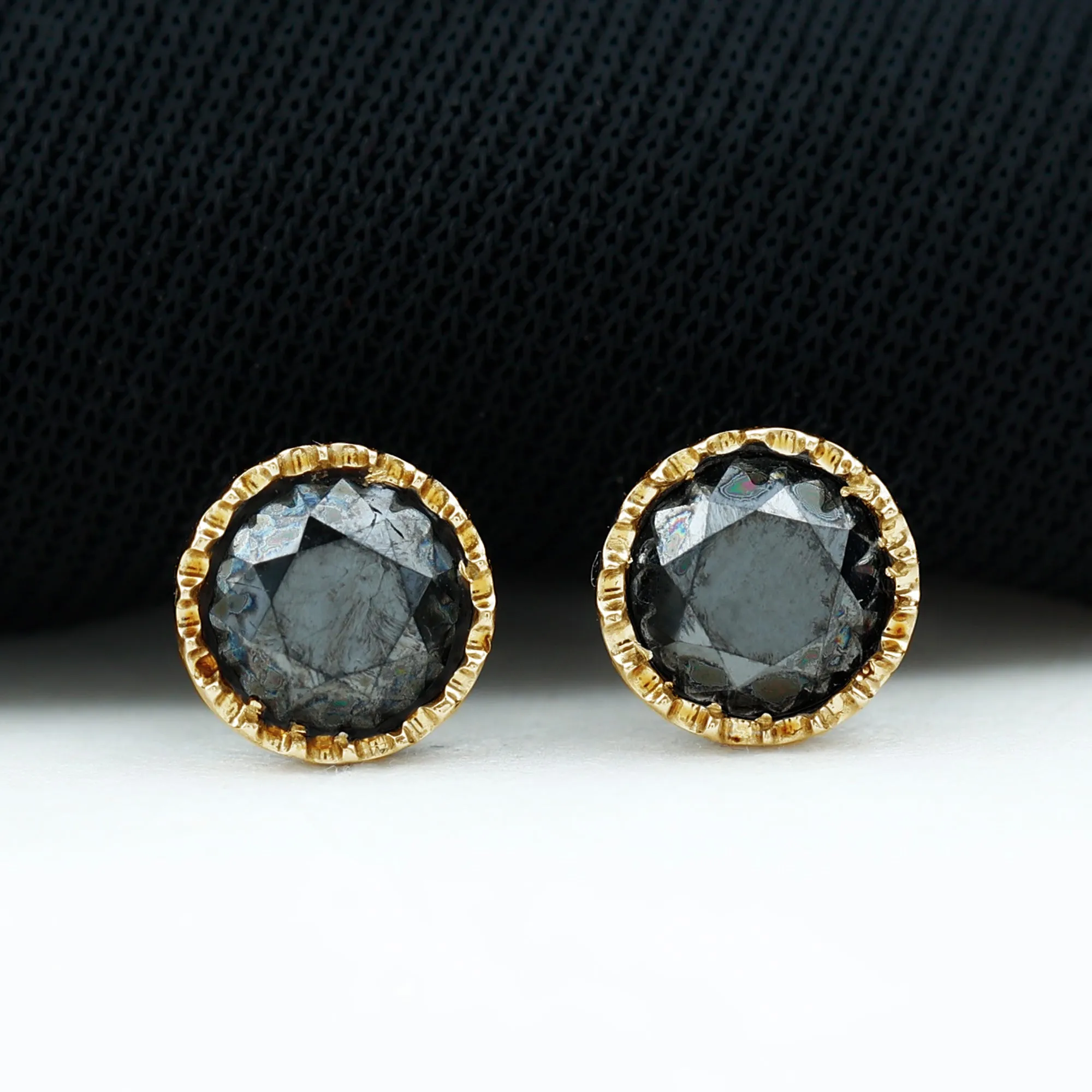 Round Black Diamond Gold Solitaire Stud Earring in Bezel Setting