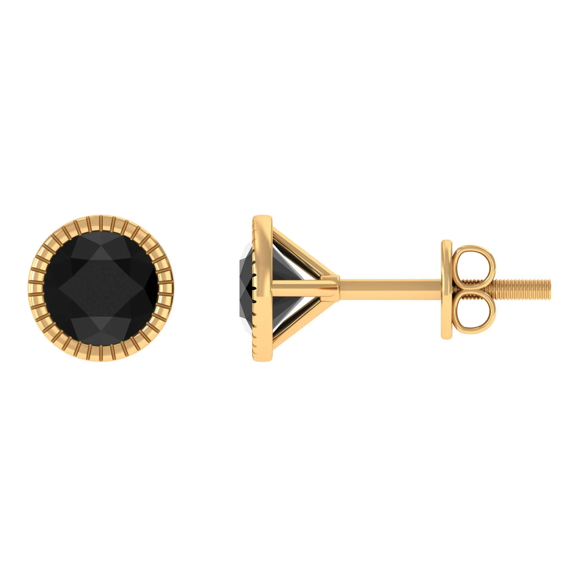 Round Black Diamond Gold Solitaire Stud Earring in Bezel Setting