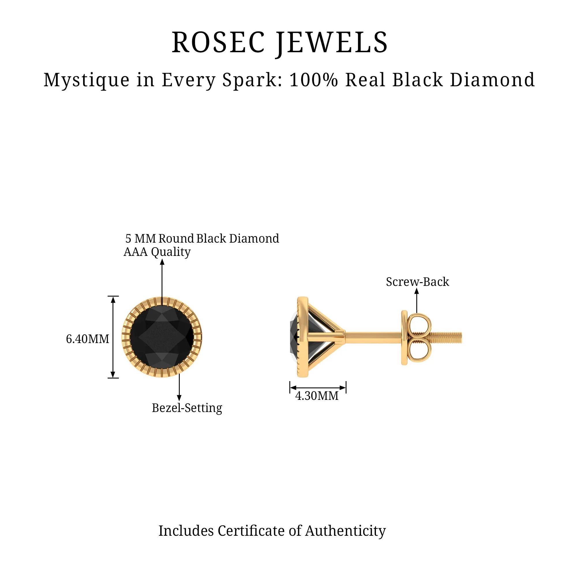 Round Black Diamond Gold Solitaire Stud Earring in Bezel Setting