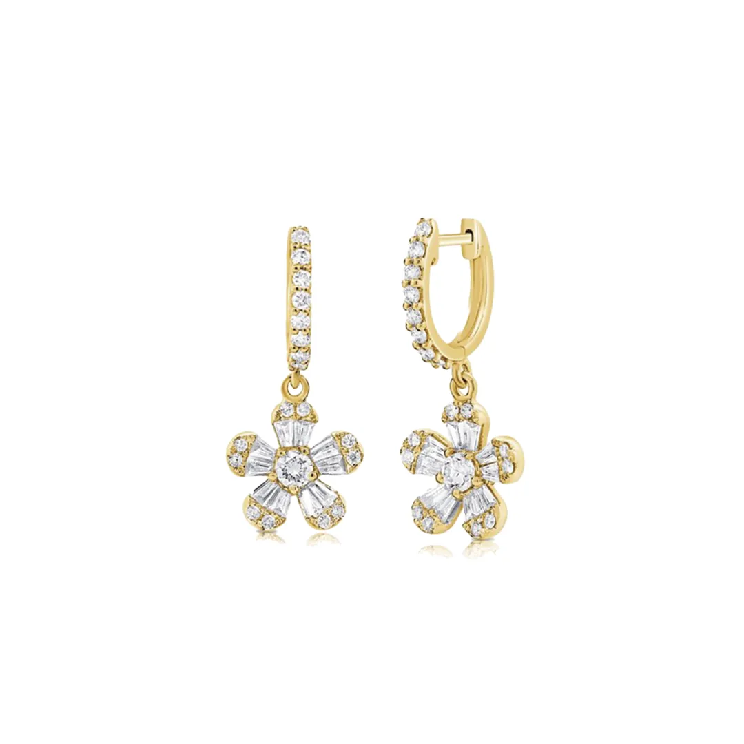 Round Brilliant Cut and Baguette Cut Diamond Floral Charm Earrings