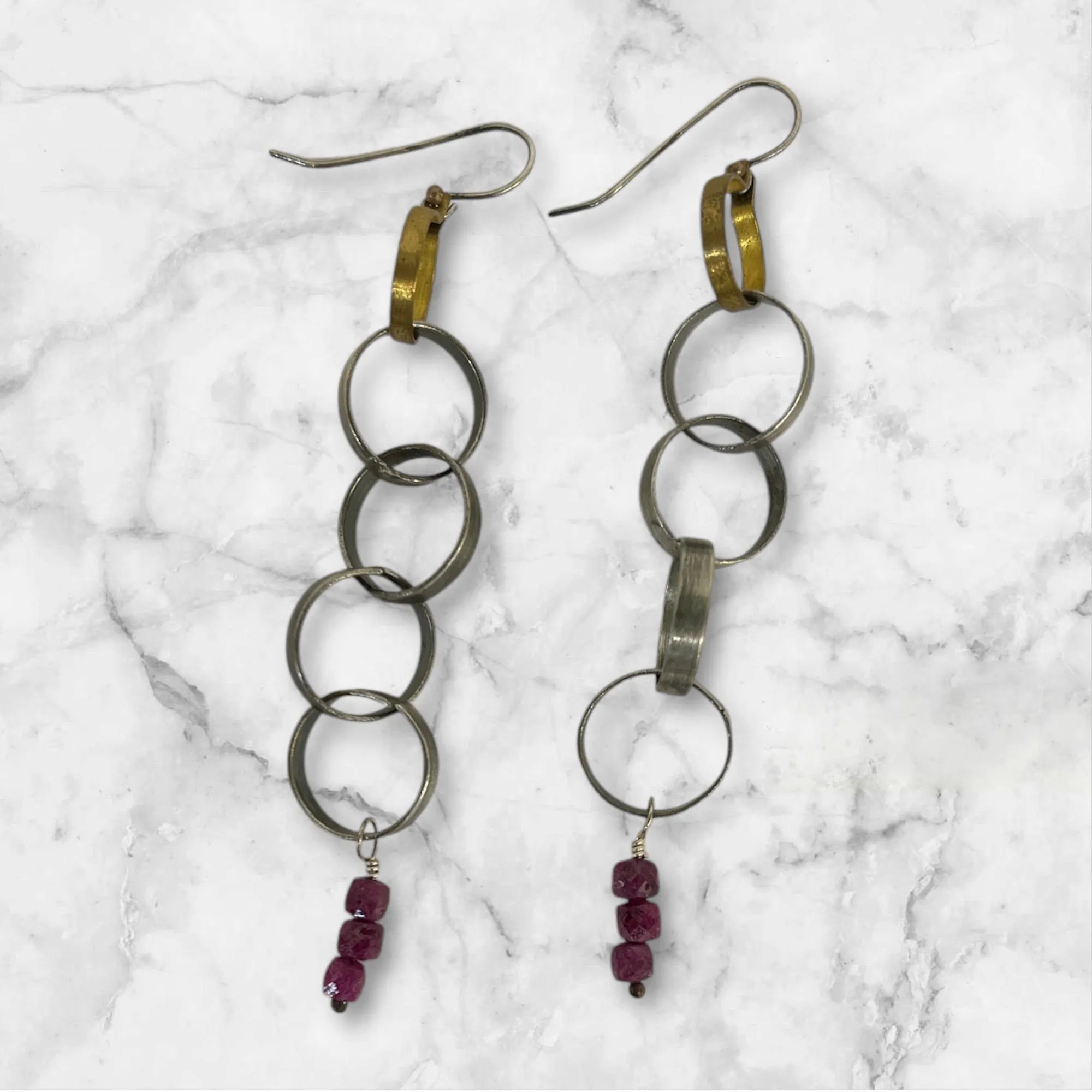 Ruby Sterling Silver & Brass Chain Earrings