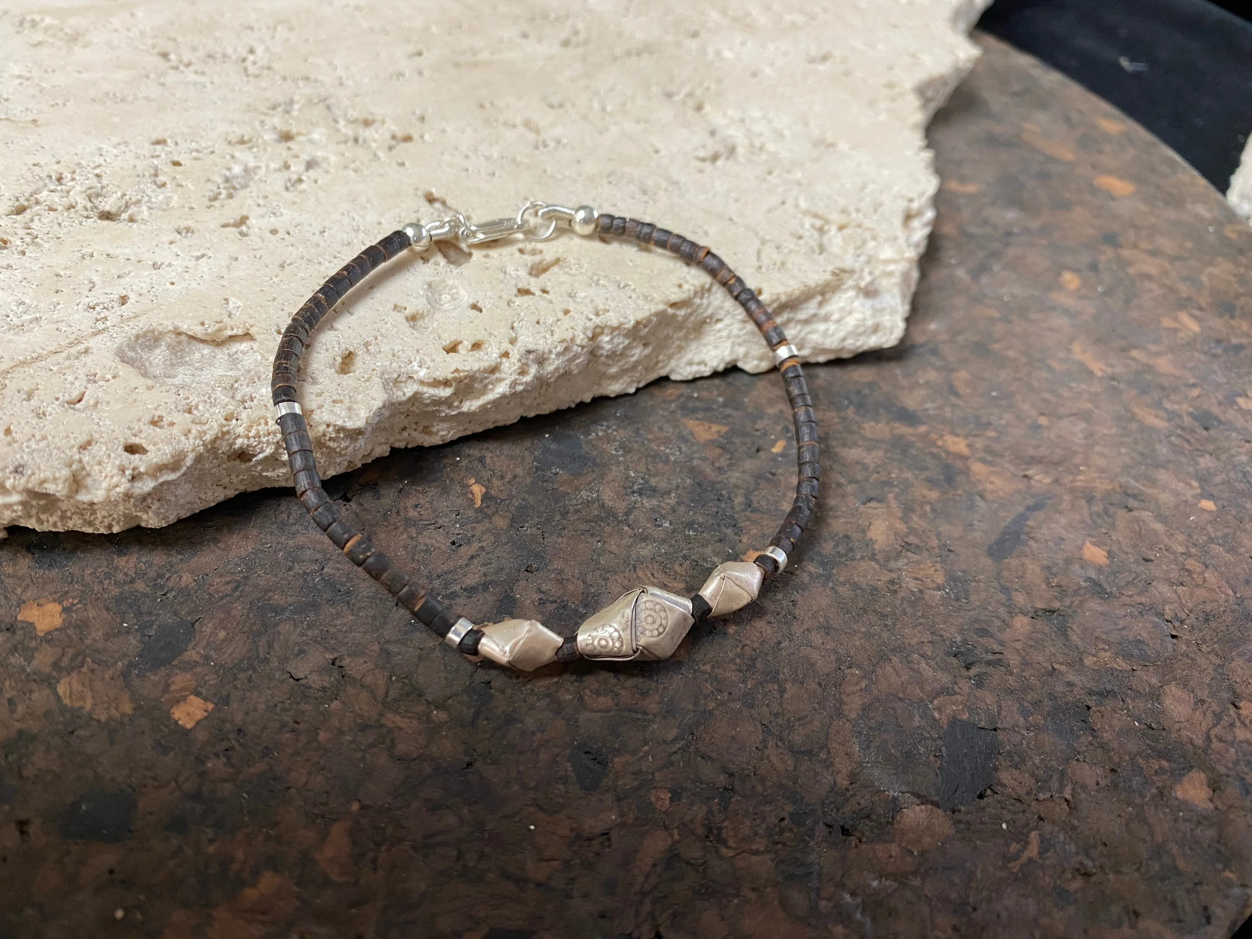 Silver and Coconut Wood Bracelet - Knot Beads