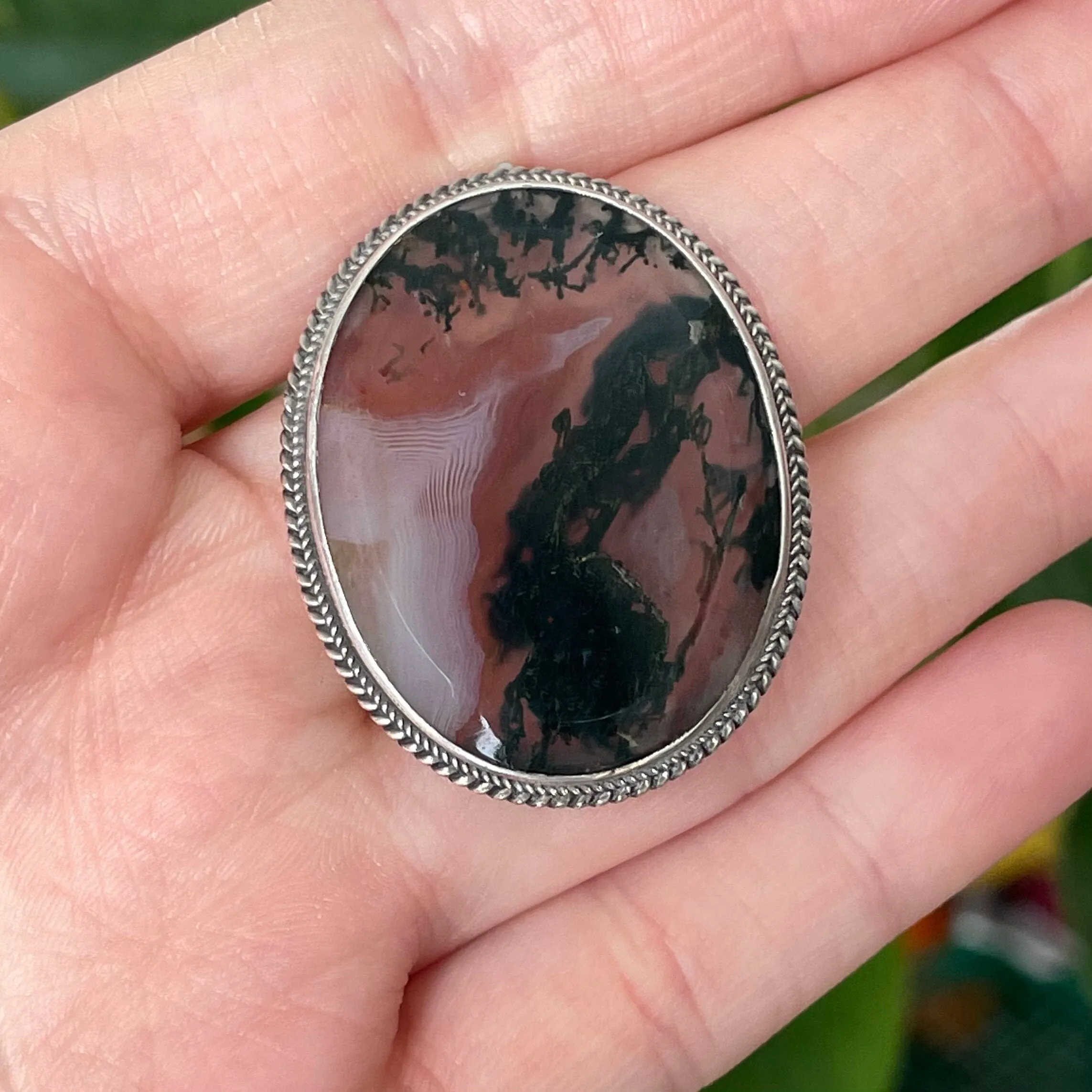 Silver Dendritic Moss Agate Brooch