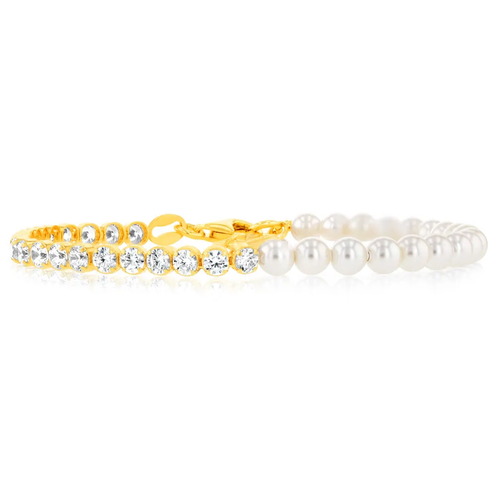 Sterling Silver Gold Plated Cubic Zirconia And Synthetic Pearls 16 3cm Bracelets