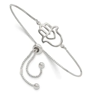 Sterling Silver Polished Heart Hamsa Adjustable Bolo Bracelet