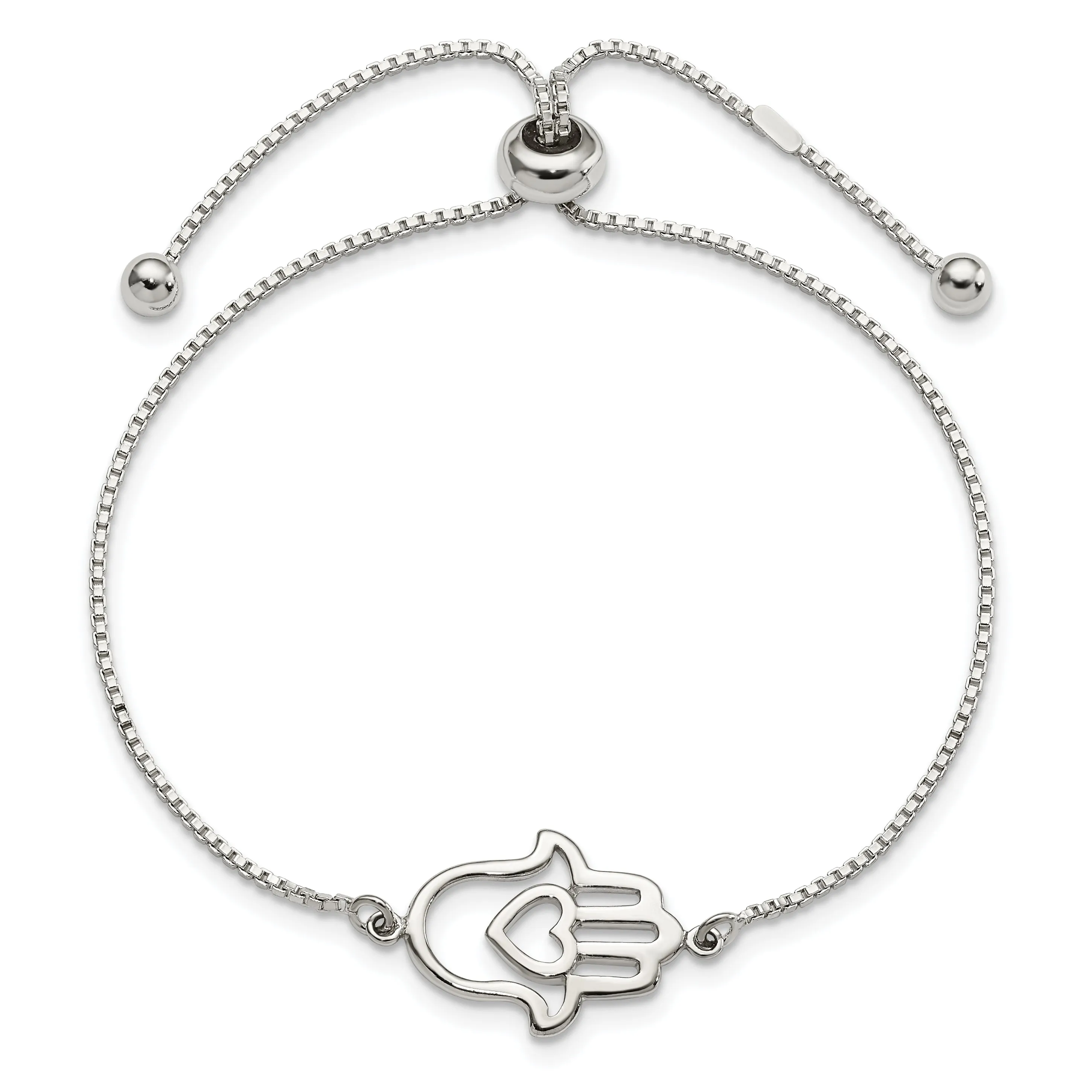 Sterling Silver Polished Heart Hamsa Adjustable Bolo Bracelet