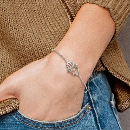 Sterling Silver Polished Heart Hamsa Adjustable Bolo Bracelet