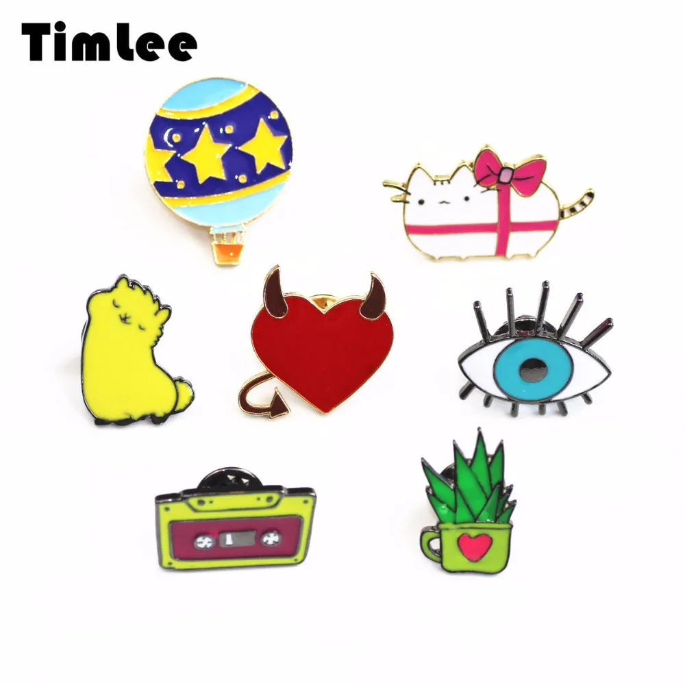 Timlee X204 Cartoon Alpaca Aloe Vera Vintage Magnetic tape Cute Cat Eye Planet Design Metal Brooch Pins Gift Wholesale