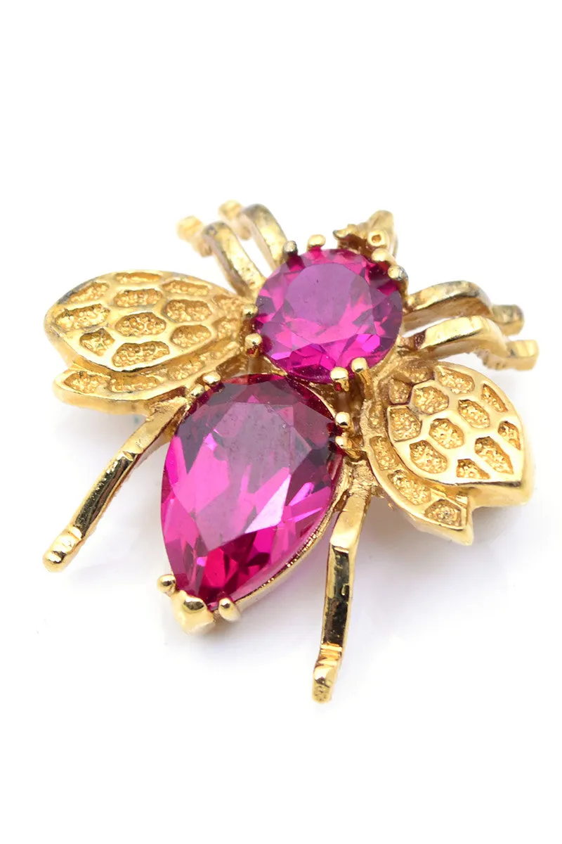 Vintage Gold 925 Sterling Silver Pink Crystal Bumble Bee Brooch