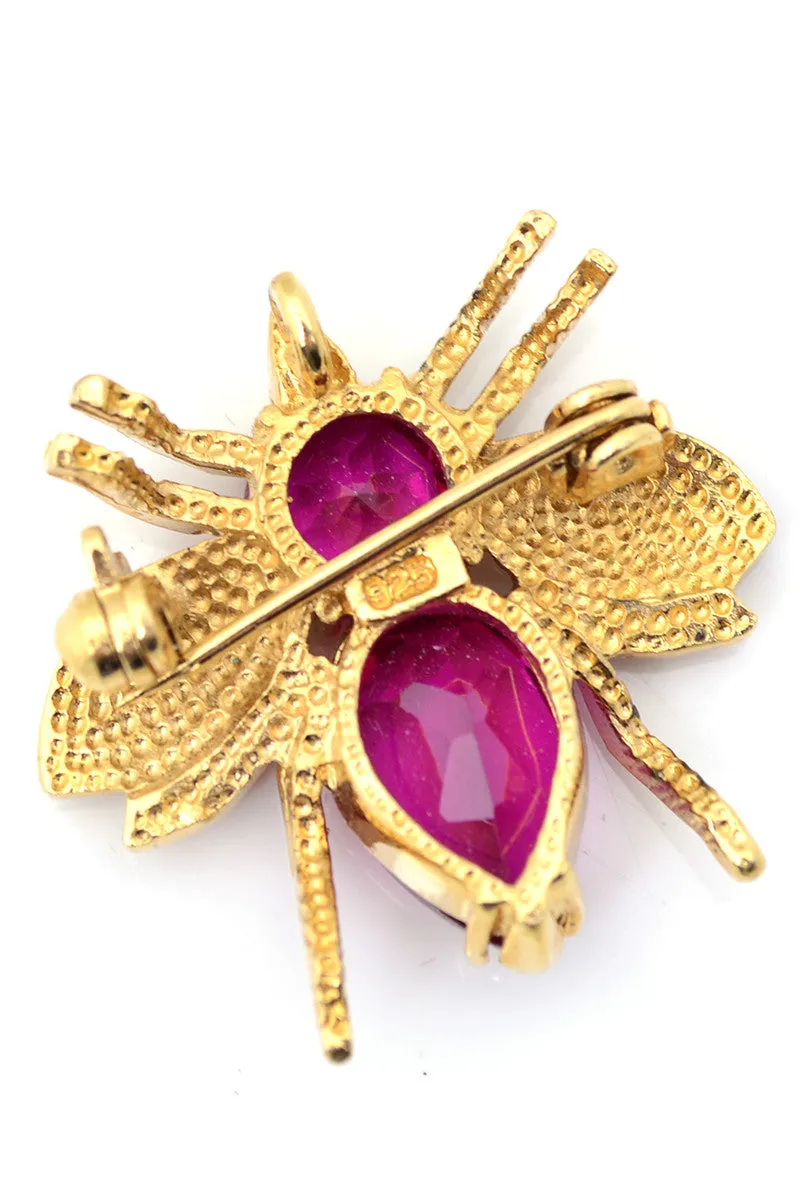 Vintage Gold 925 Sterling Silver Pink Crystal Bumble Bee Brooch