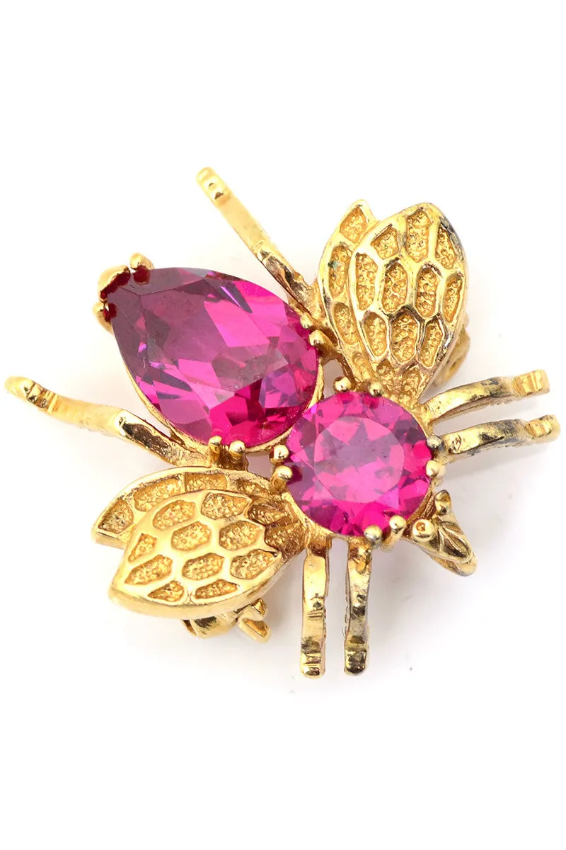 Vintage Gold 925 Sterling Silver Pink Crystal Bumble Bee Brooch