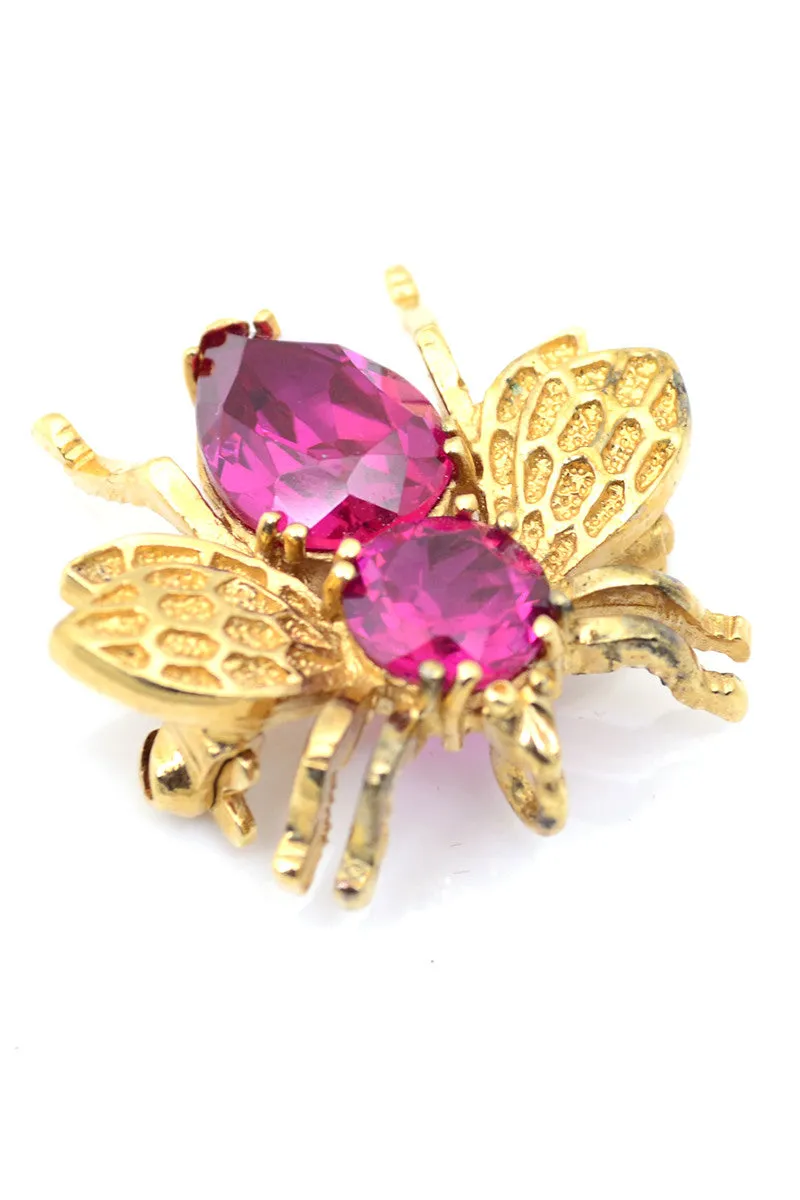 Vintage Gold 925 Sterling Silver Pink Crystal Bumble Bee Brooch