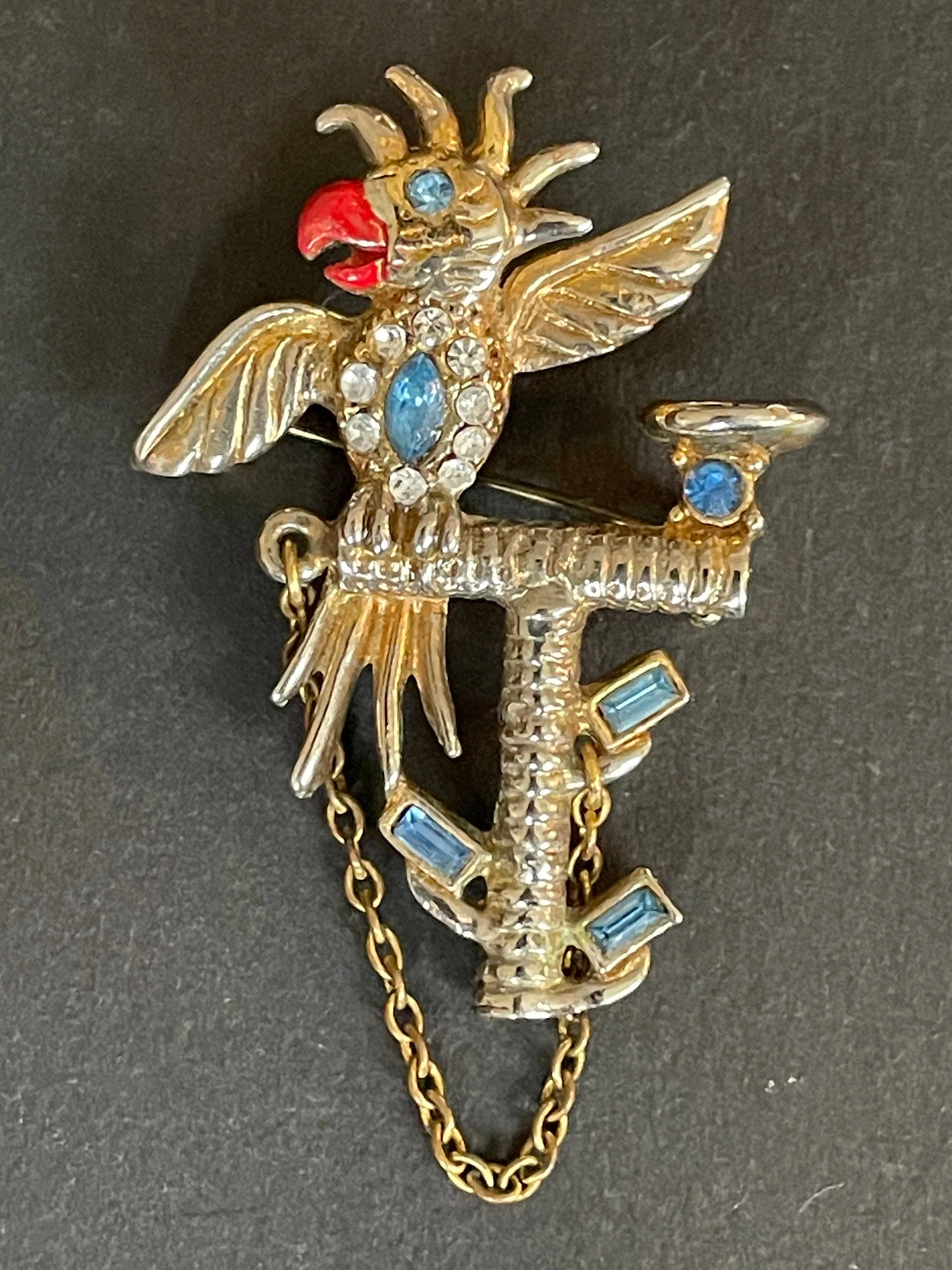 Vintage parrot / cockatoo pet bird figural brooch, gold tone with red enamel and colourful rhinestones, pot metal, Bauman Massa style?