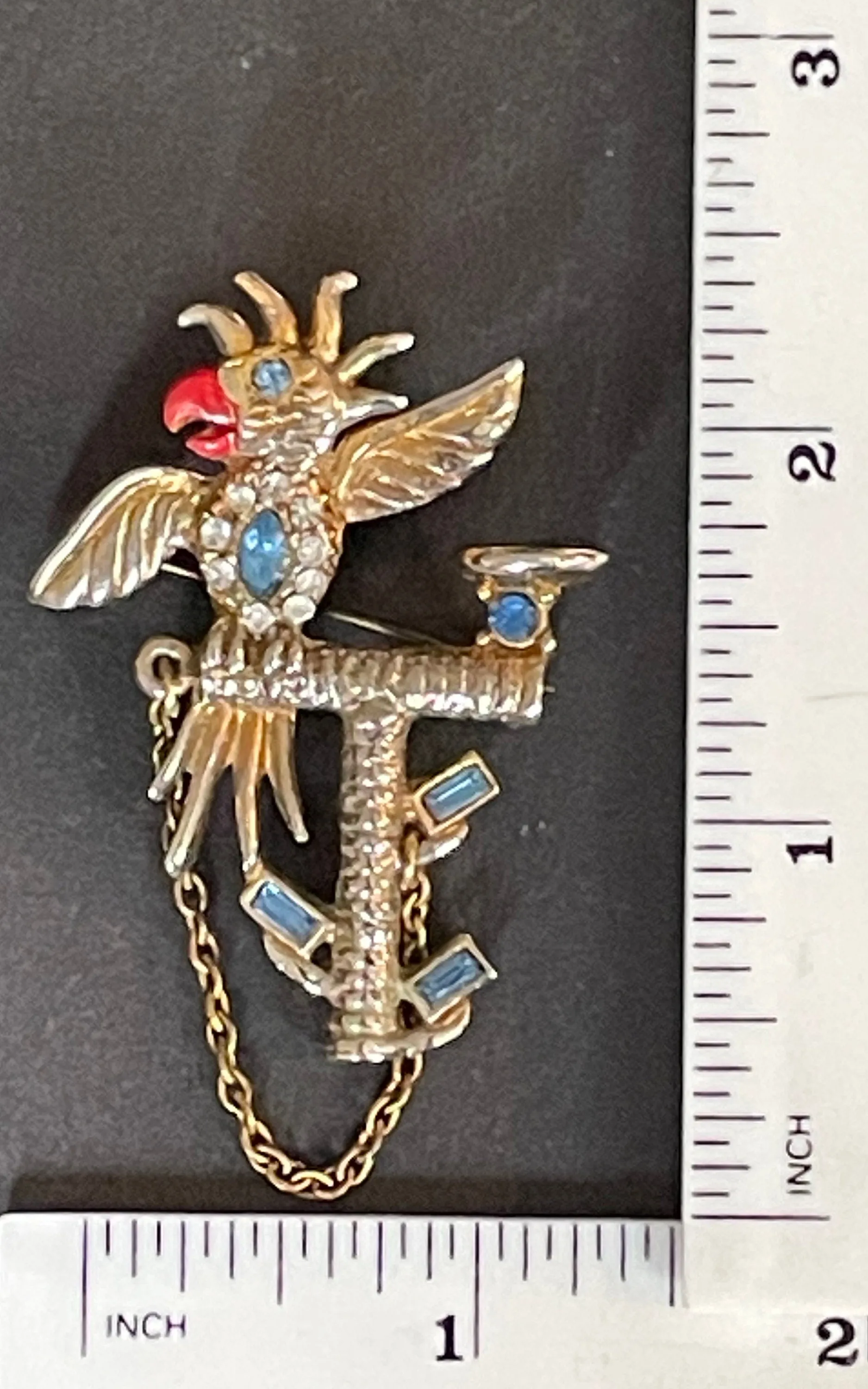 Vintage parrot / cockatoo pet bird figural brooch, gold tone with red enamel and colourful rhinestones, pot metal, Bauman Massa style?