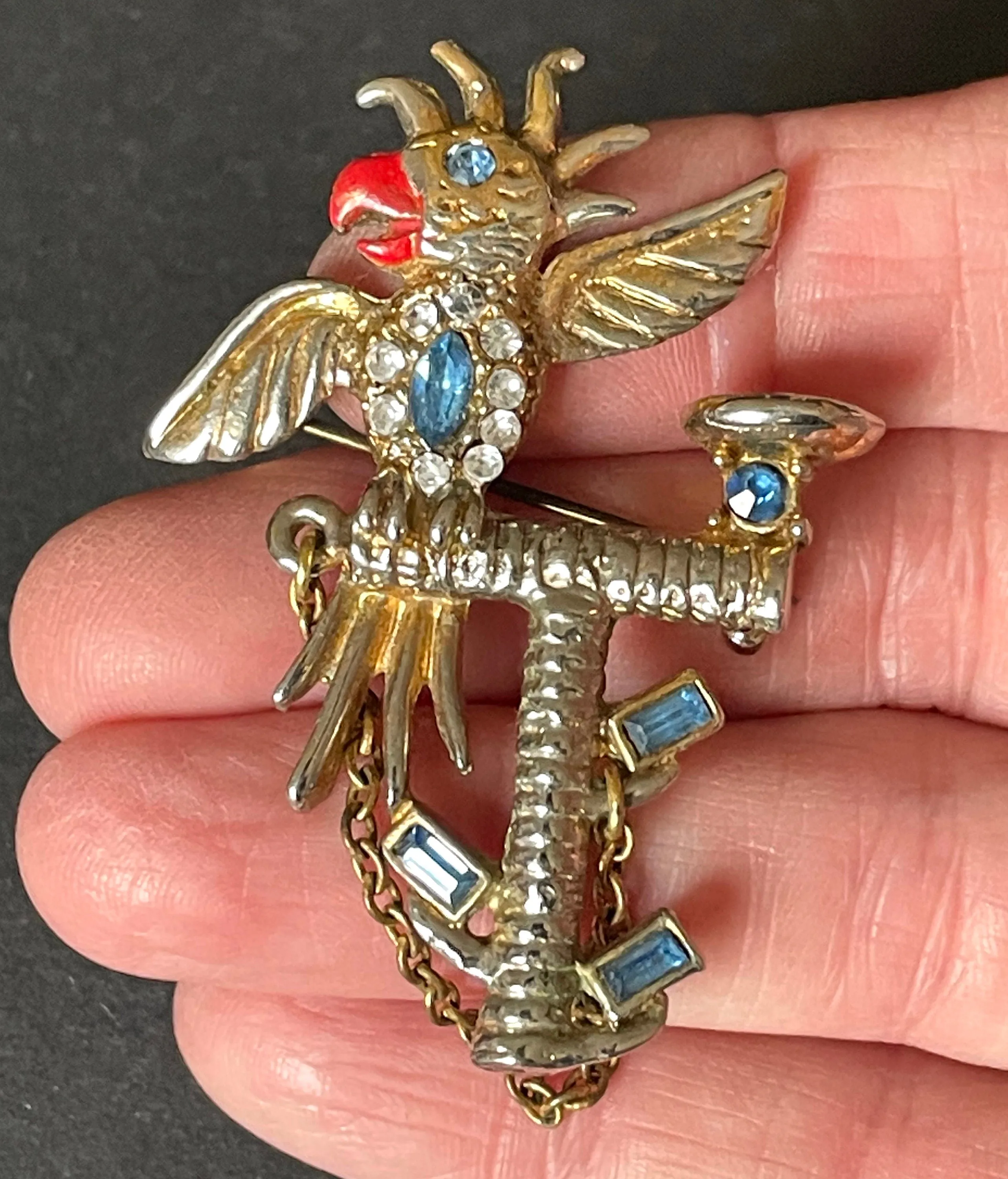 Vintage parrot / cockatoo pet bird figural brooch, gold tone with red enamel and colourful rhinestones, pot metal, Bauman Massa style?