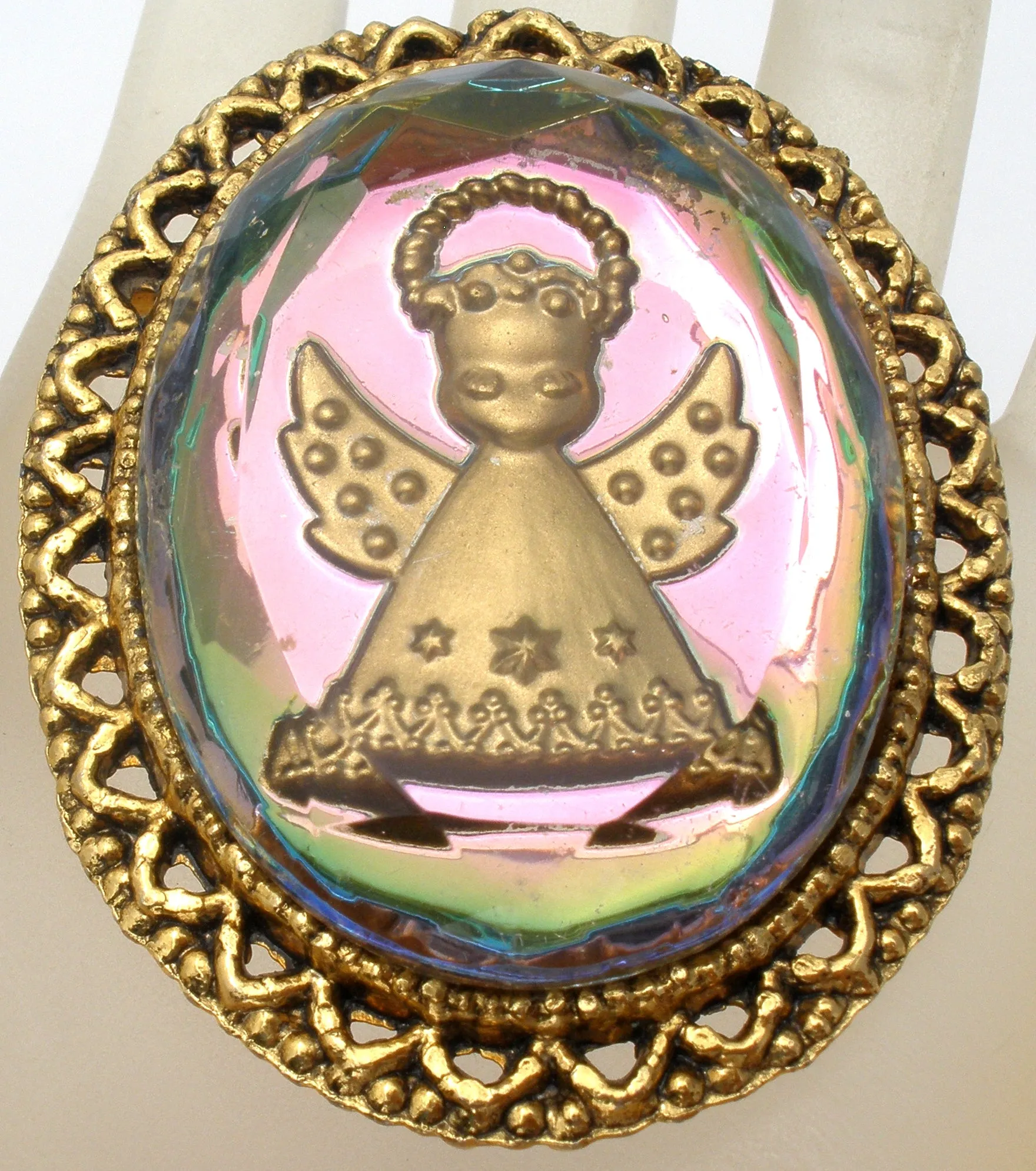 Vintage Reverse Intaglio Glass Angel Brooch