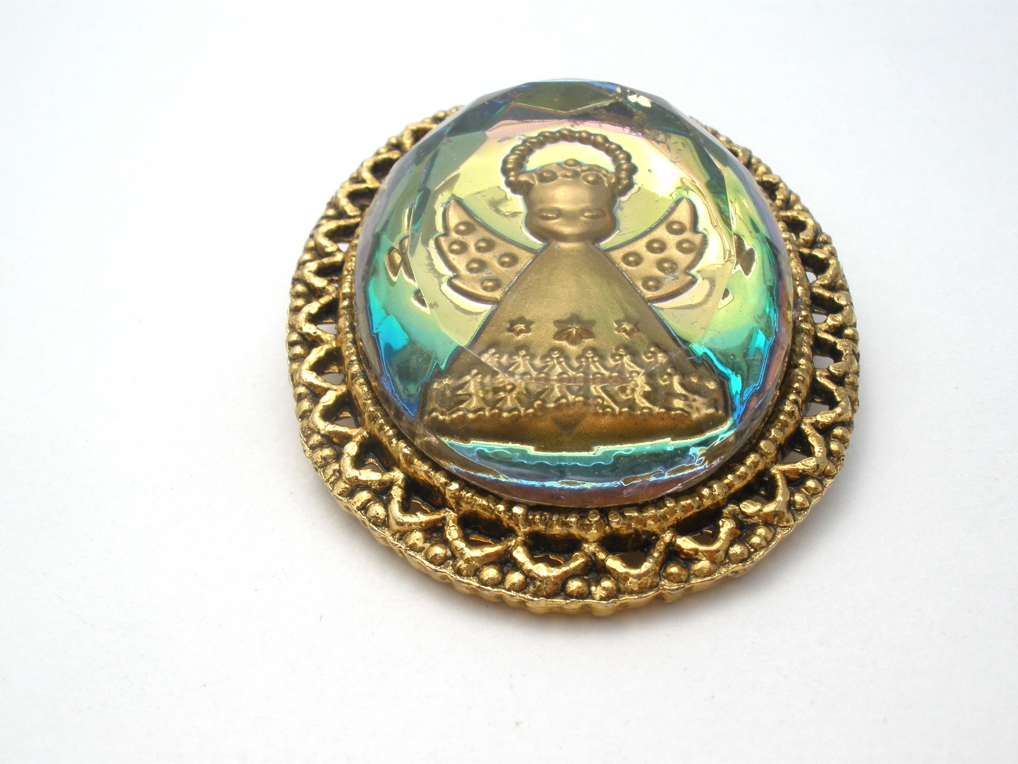 Vintage Reverse Intaglio Glass Angel Brooch