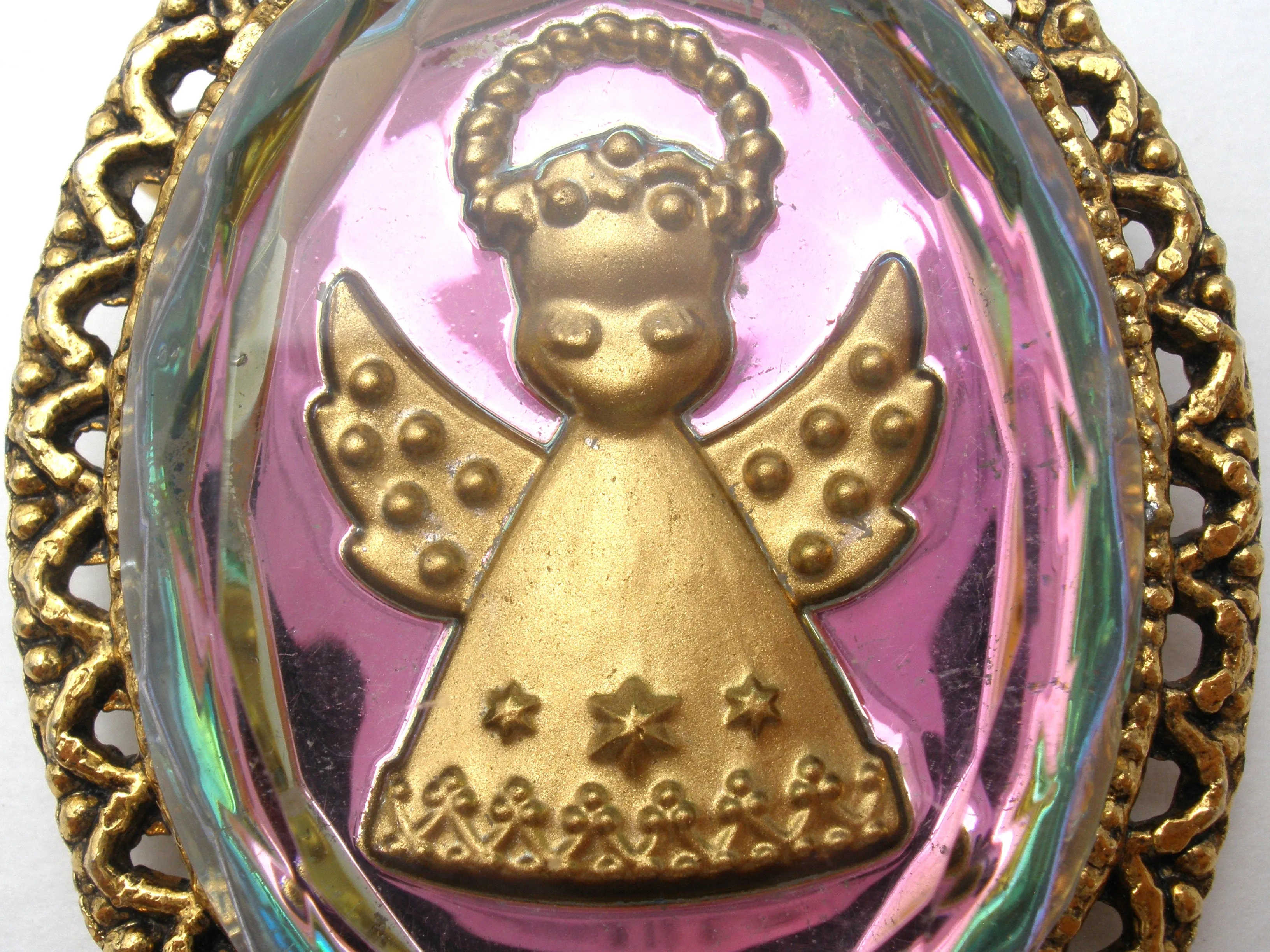 Vintage Reverse Intaglio Glass Angel Brooch