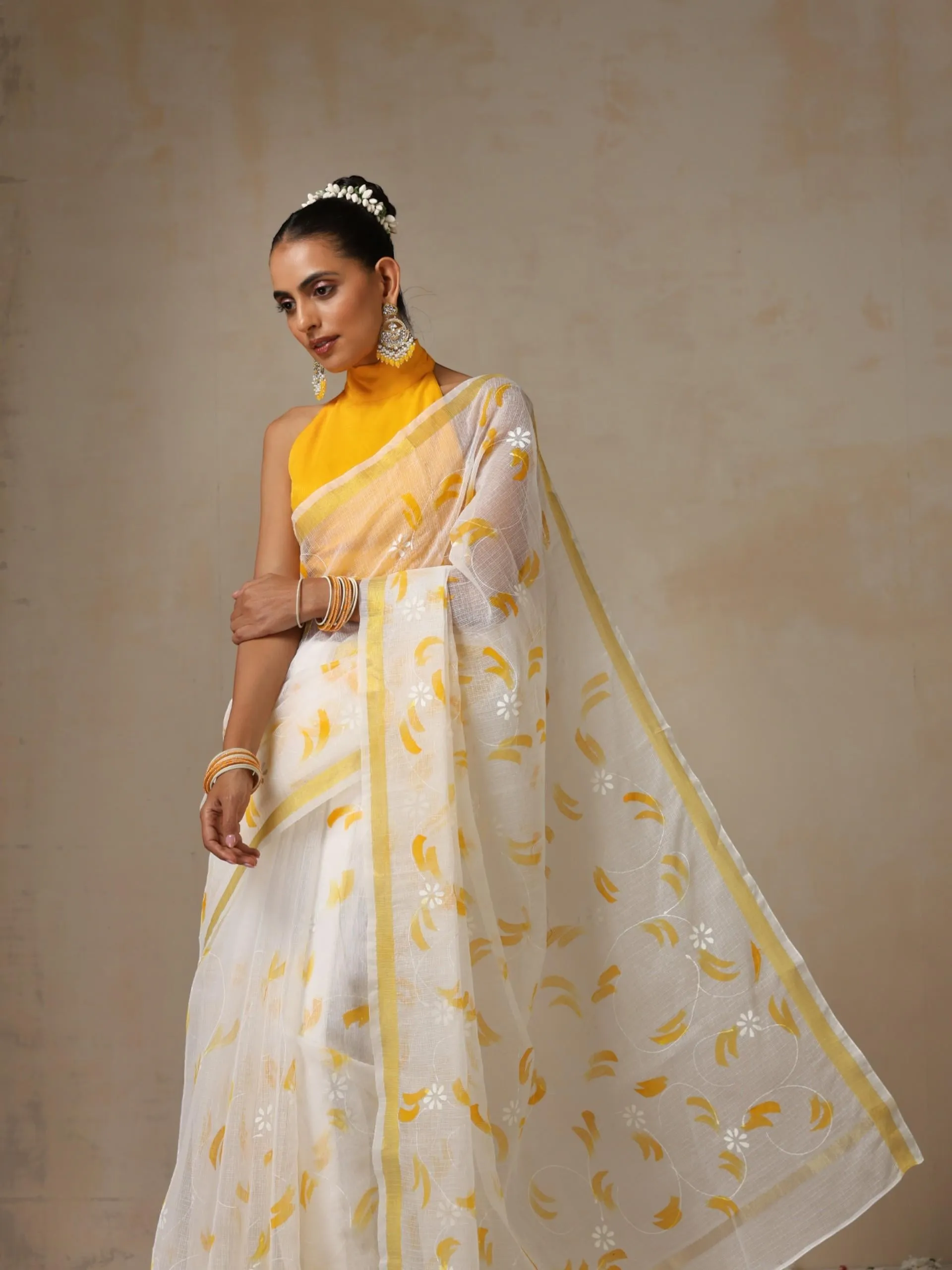 White Hand Painted Kota Saree with Blouse Fabric